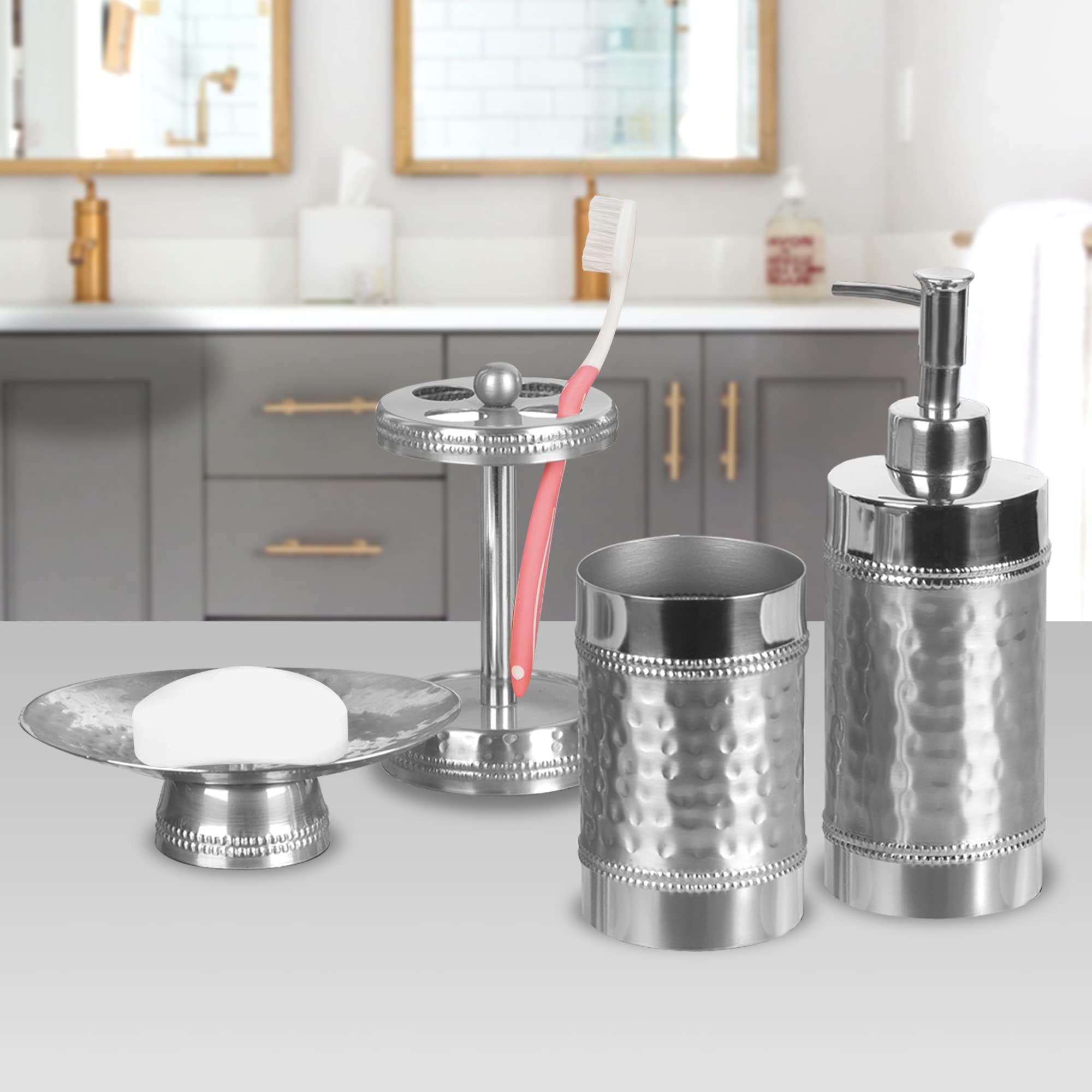 Premium Stainless Steel 4-Piece Bathroom Set - Soap Dish, Toothbrush Holder, Tumbler & Lotion Pump | Modern Hudson Collection | Perfect for Bathroom Organization & Spa-Like Experience
