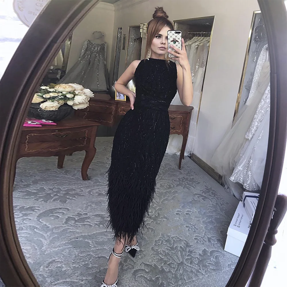 Elegant Black & White Feather Midi Evening Dress LA72076 - Perfect for Prom, Cocktail Party & Formal Events