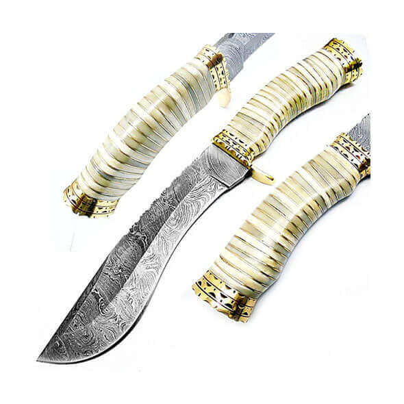 13'' Damascus Steel Kukri Hunting Knife with Camel Bone Handle - Fixed Blade Knife for Men, Outdoor Survival, Camping & Bushcraft - Includes Knife Sharpener, Perfect Gift for Hunters & Outdoorsmen