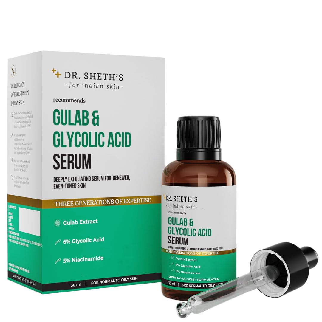 Dr. Sheth's Gulab & 6% Glycolic Acid & 5% Niacinamide Brightening Face Serum for Glowing Skin | Improves Skin Texture & Tone | Best for Normal, Oily & Sensitive Skin | 30ml | Perfect for Daily Skincare Routine & Dark Spot Treatment