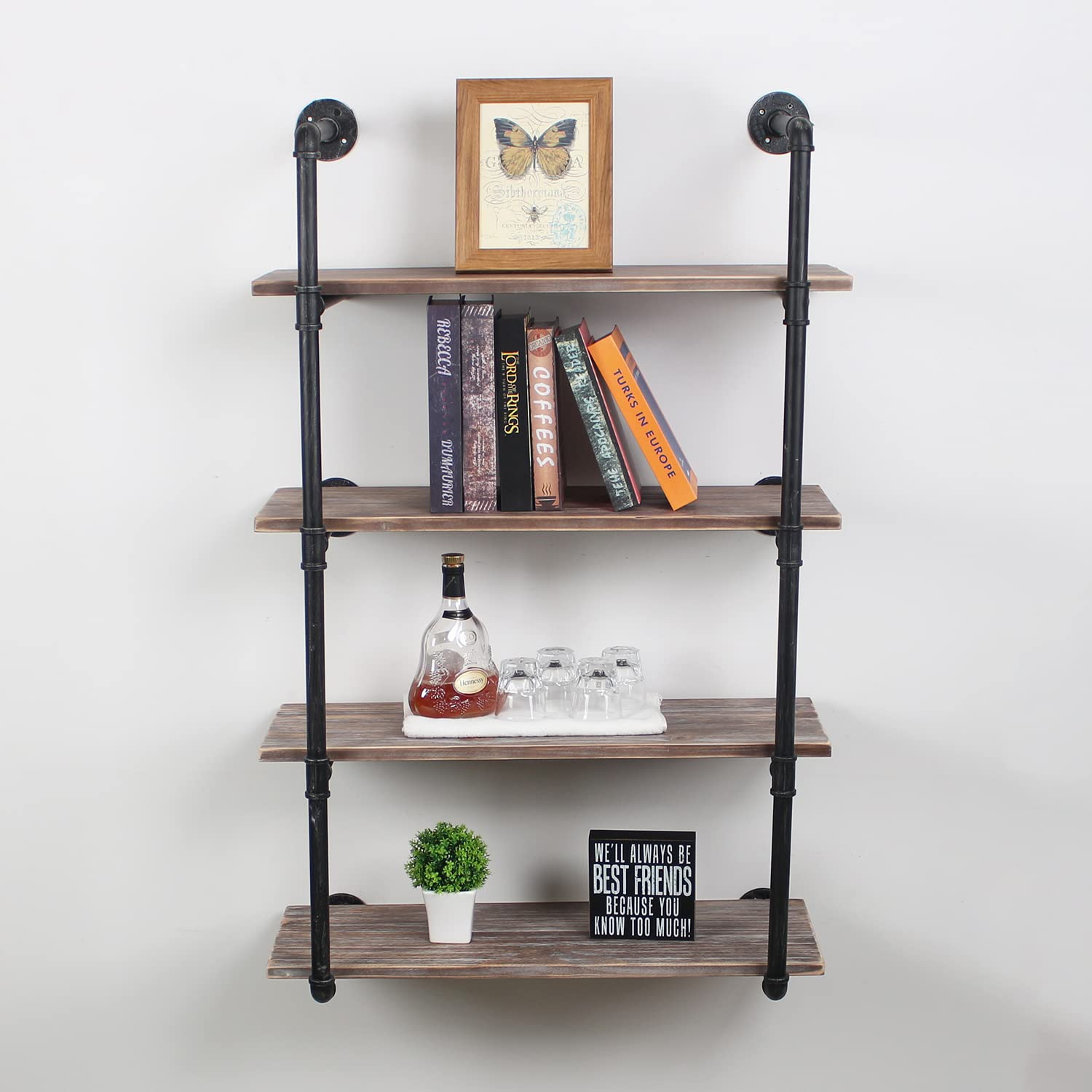 Industrial Pipe Wall Mounted Shelves - 30 Inch Rustic Metal Floating Shelves, Steampunk Wood Bookcase, Farmhouse Kitchen Bar Shelf Unit (4 Tier) - Perfect for Home Office, Living Room, and Kitchen Storage