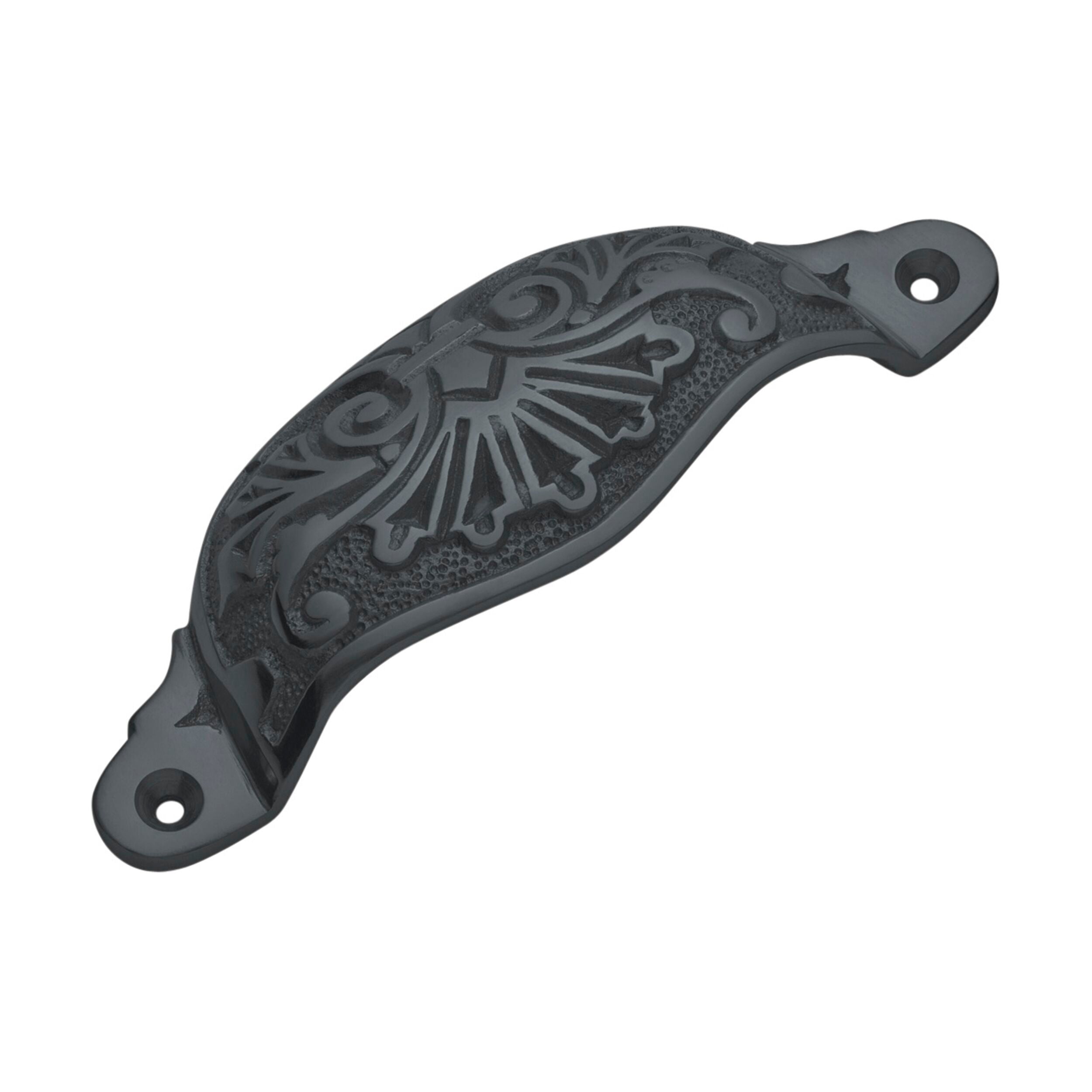 Ornate Cupped Iron Drawer Pulls - Matte Black Finish - 35mm x 110mm (HxL) - Vintage Cabinet Hardware for Kitchen, Bathroom & Furniture Restoration