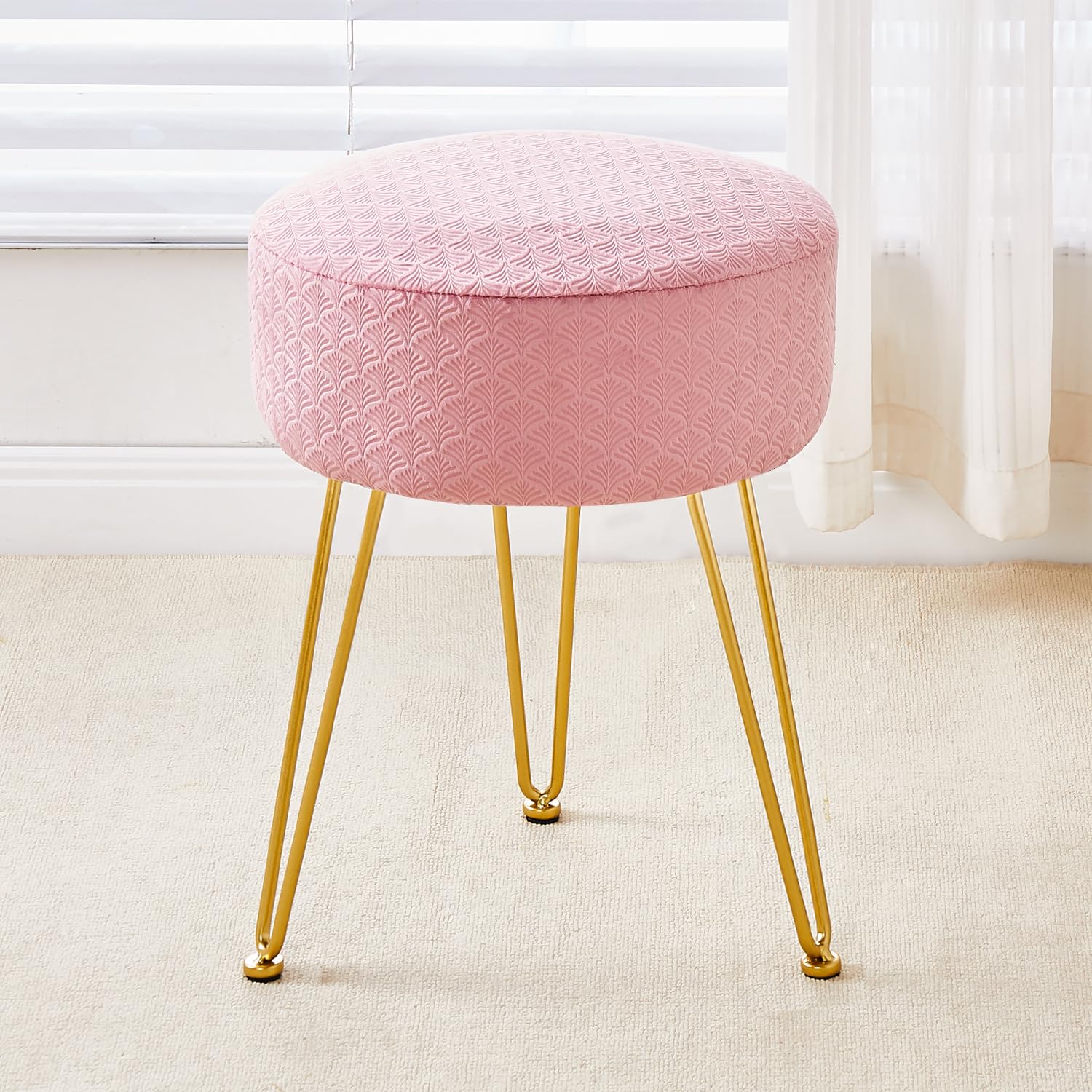 Velvet Ottoman Stool with Metal Legs - Pink Vanity Stool for Living Room & Bedroom
