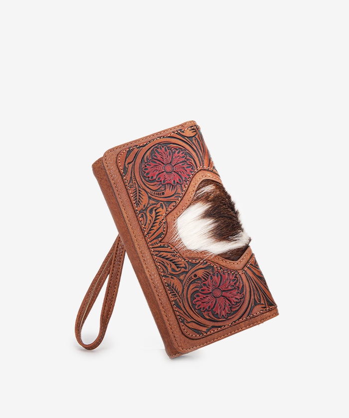 Trinity Ranch Floral Tooled Hair-On Cowhide Leather Wallet for Men & Women - Stylish Western Bifold Wallet for Everyday Use, Travel & Gifts