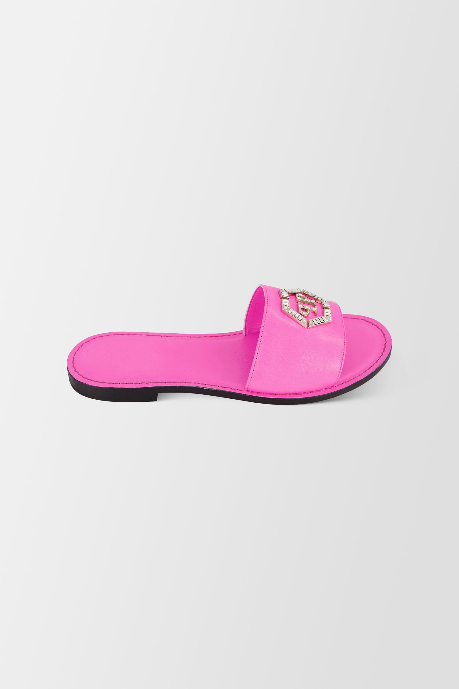 Philipp Plein Women's Pink Leather Hexagon Logo Flat Slides - Comfortable Summer Sandals for Beach, Pool & Casual Outings