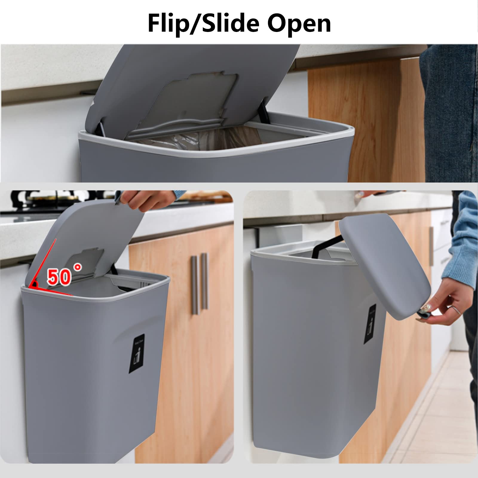 TOPROAD 2.4 Gallon Wall Mounted Kitchen Trash Can with Lid - Small Waste Bin for Countertop, Under Sink, Bathroom, Bedroom, Office & Camping - Space Saving Grey Compost Bin for Home & Outdoor Use