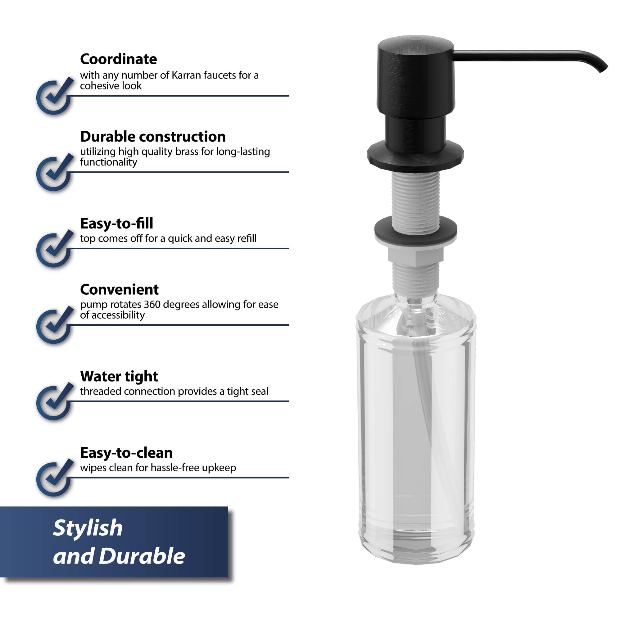 Karran SD25 Matte Black Soap Dispenser & Lotion Dispenser - Modern Bathroom Countertop Organizer for Sink, Vanity, and Kitchen