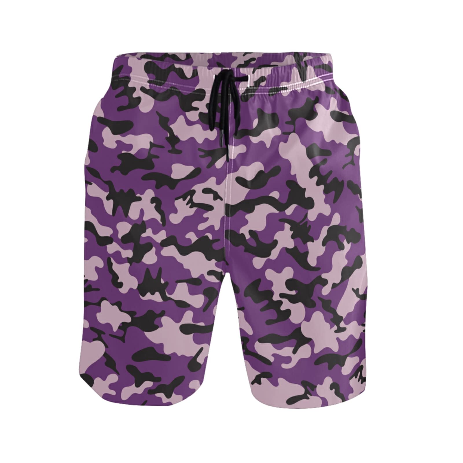 Men's Quick Dry Swim Trunks - Purple Military Camo Beach Shorts with Pockets | Lightweight Board Shorts for Swimming, Surfing & Summer Vacations