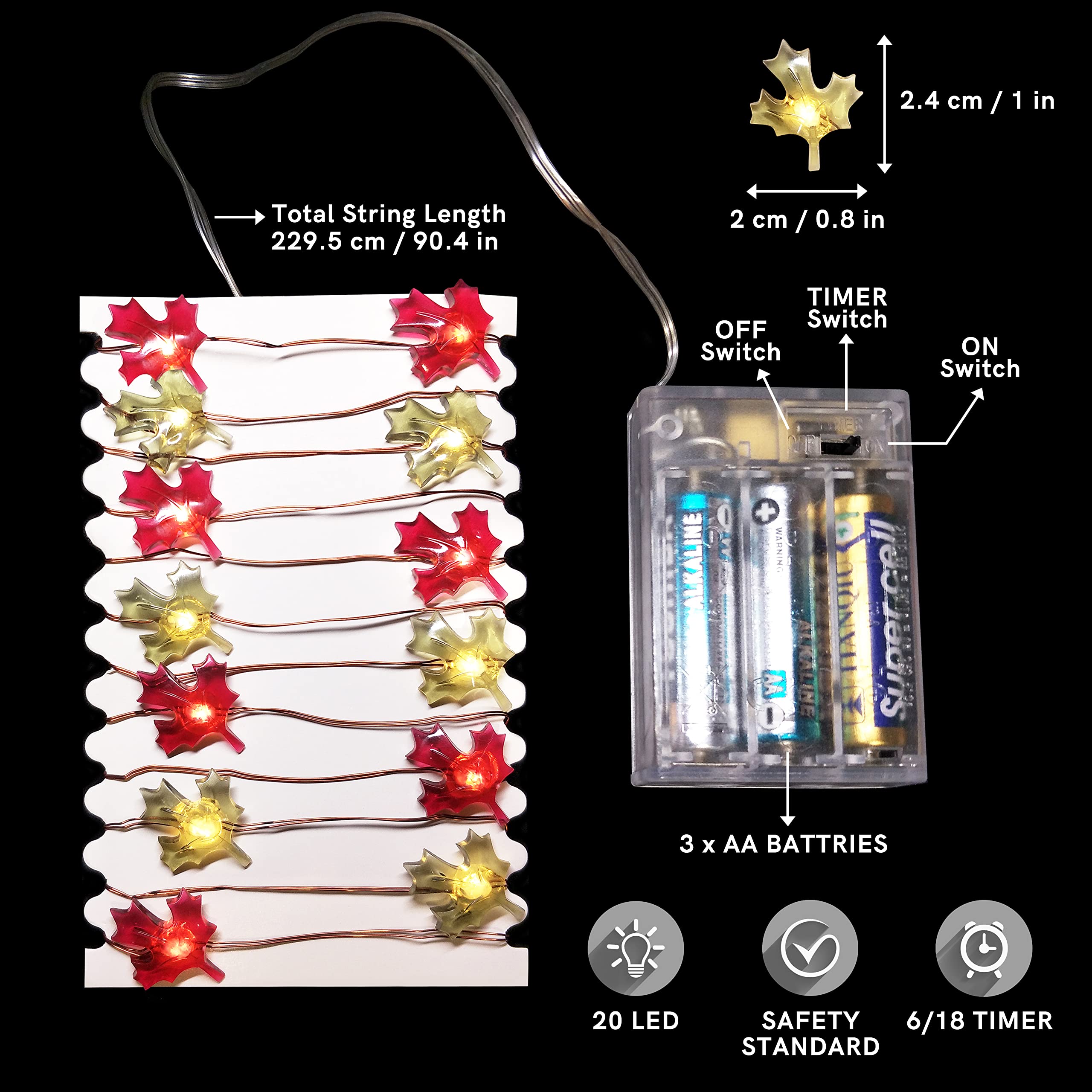 FURORA LIGHTING 20 LED Warm White Maple Leaf Fairy Lights - 90 Inch Battery Operated String Lights with 6/18 Hour Timer (Red & Green) for Bedroom, Christmas Tree, Wedding & Party Decorations