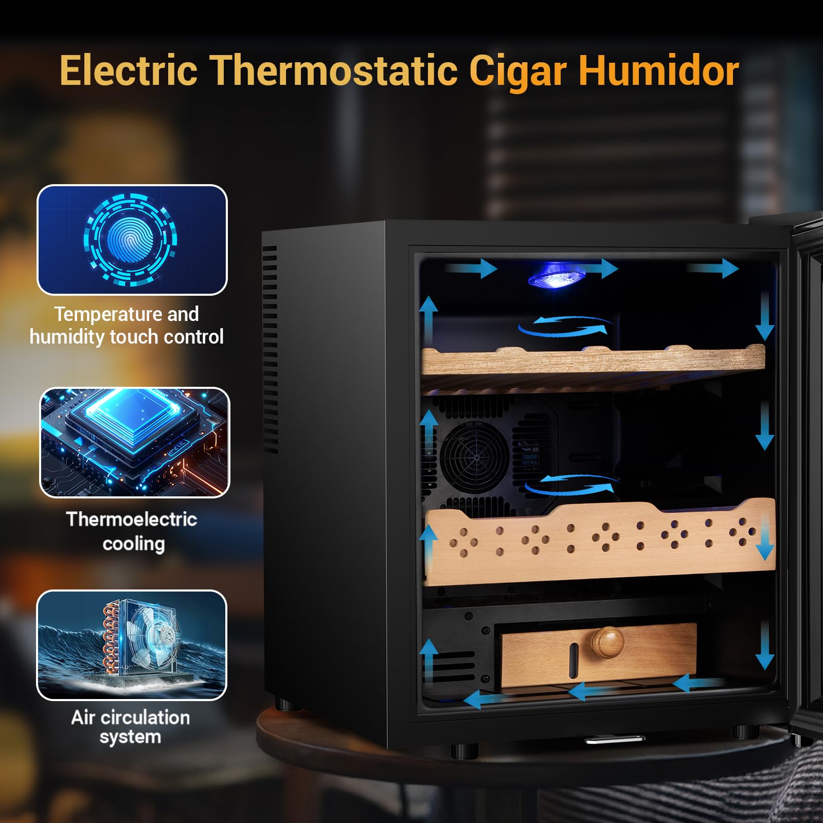 50L Electric Humidor for Cigars - 300 Count Large Capacity Thermostatic Desktop Humidor Cabinet with Digital LED Display, Safety Lock & Smart Humidity/Temperature Control - Perfect for Home, Office or as Gifts for Men (Cigar Enthusiasts, Collectors)