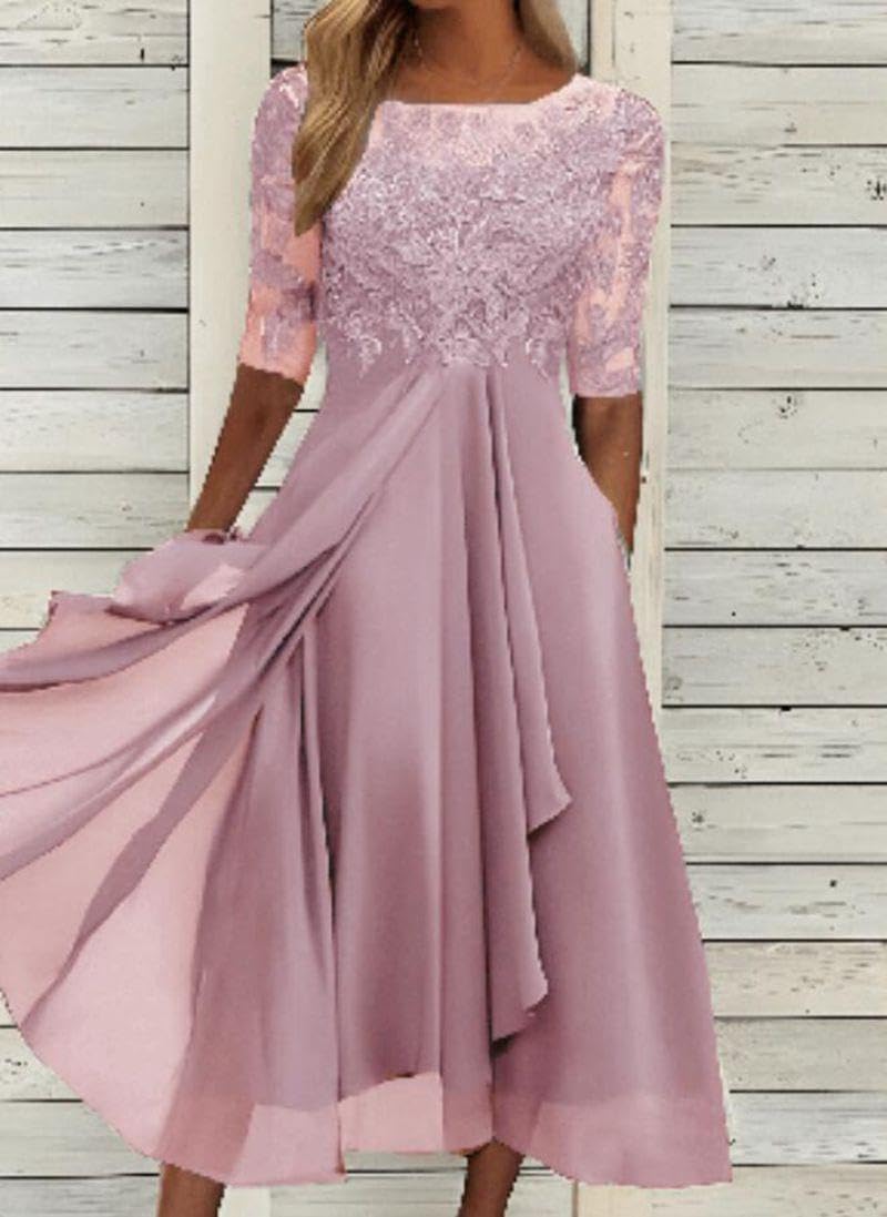 Elegant Women's Summer Chiffon Lace Maxi Dress with Half Sleeves - Flowy Formal Evening Gown for Wedding Guest, Party & Special Occasions - Perfect for Beach Weddings, Cocktail Parties & Date Nights