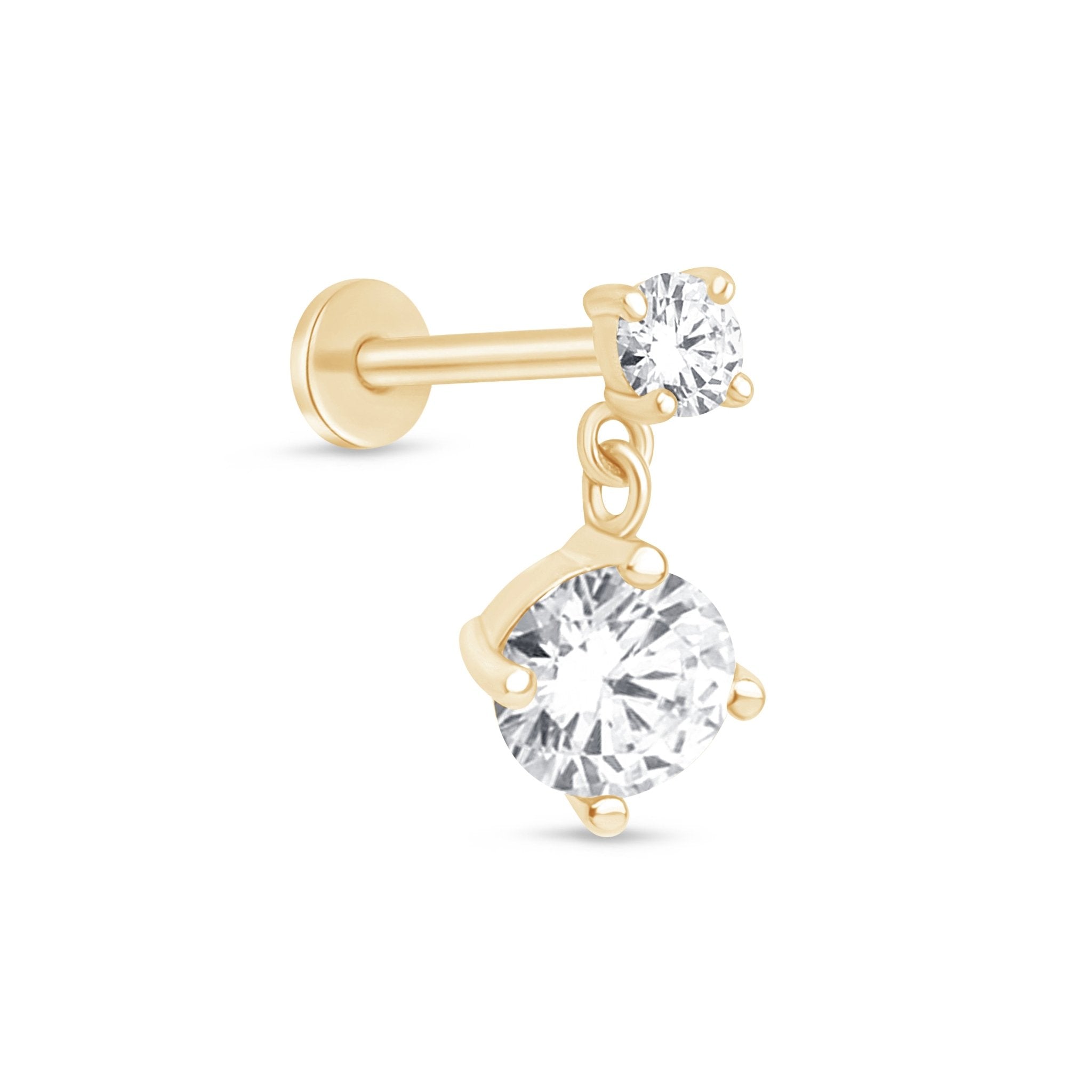 14K Yellow Gold Double Diamond Drop Flat Back Stud Earrings - Elegant & Dainty for Everyday Wear, Parties & Gifts
