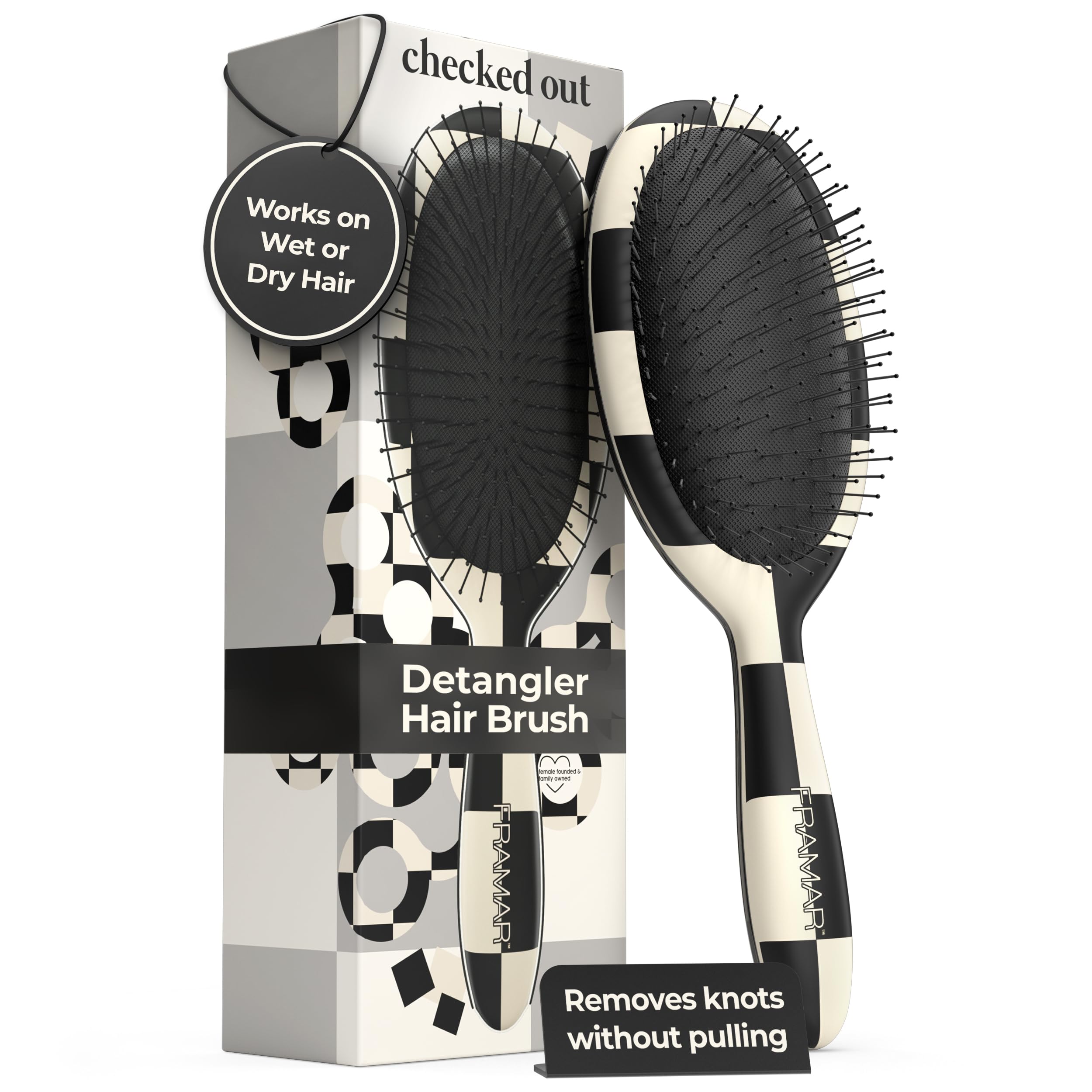 FRAMAR Checkered Print Detangling Hair Brush for Women – Wet & Dry Hair Detangler, Black and White Hair Accessories, Smooth Glide Brush for Tangled Hair – Perfect for Home, Travel & Salon Use