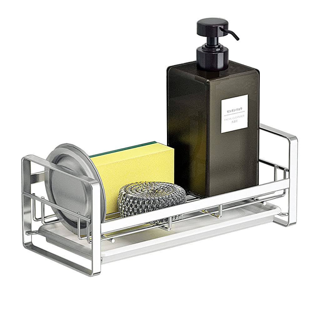 Stainless Steel Kitchen Sink Organizer - Dish Soap & Sponge Holder, Scrub Brush Caddy, Rust-Proof Countertop Cleaning Tool (9.64 x 4.33 x 3.54 inches) - Perfect for Kitchen, Bathroom & Utility Sink Organization