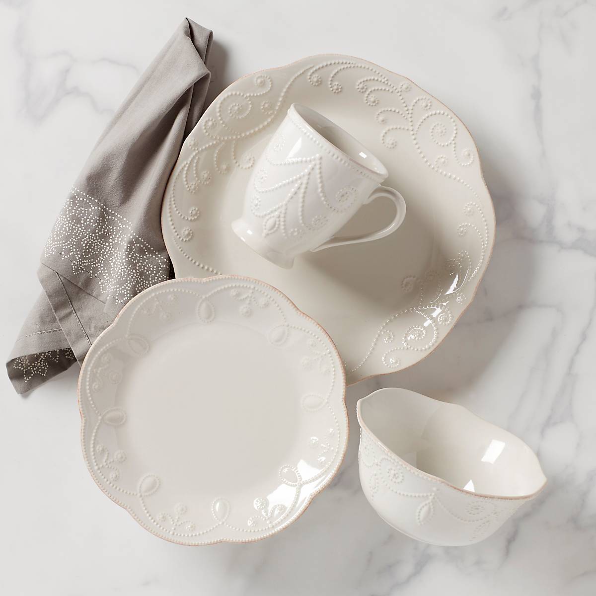French Pearl White 4-Piece Dinner Plate Set - Elegant Tableware for Fine Dining, Wedding, and Special Occasions
