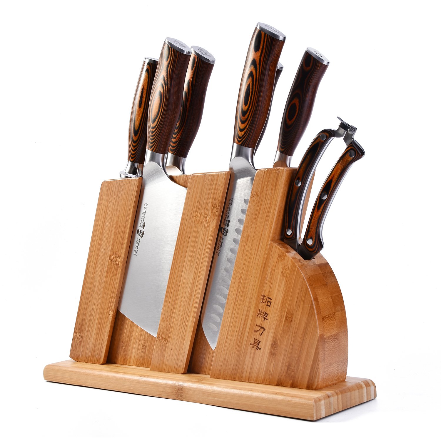 Premium 8-Piece Kitchen Knife Set - German X50CrMoV15 Forged Steel - Rust Resistant Full Tang Knives with Ergonomic Pakkawood Handles - Includes Wooden Storage Block - Fiery Phoenix Series - Perfect for Home Chefs, Cooking Enthusiasts & Professional Kitchens
