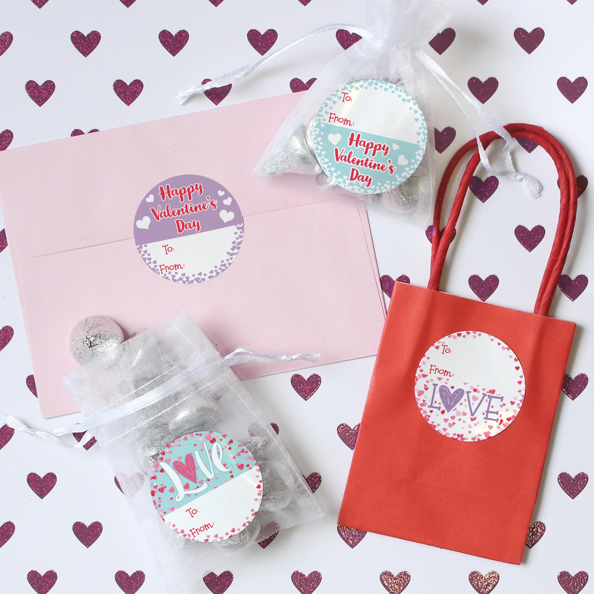 Valentine's Day Stickers for Kids - 40 Pack Colorful Heart Labels in Pink, Teal & Purple - Perfect for Classroom Rewards, Party Favors & DIY Valentine Cards