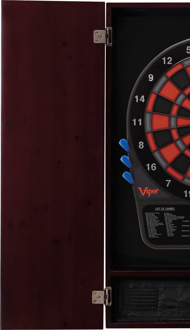 Premium Viper Metropolitan Solid Wood Dartboard Cabinet with Electronic Dartboard - Ready-to-Play Bundle Includes 2 Sets of Soft-Tip Darts & Integrated Storage - Multiple Stain Options for Home Game Rooms, Bars, and Man Caves
