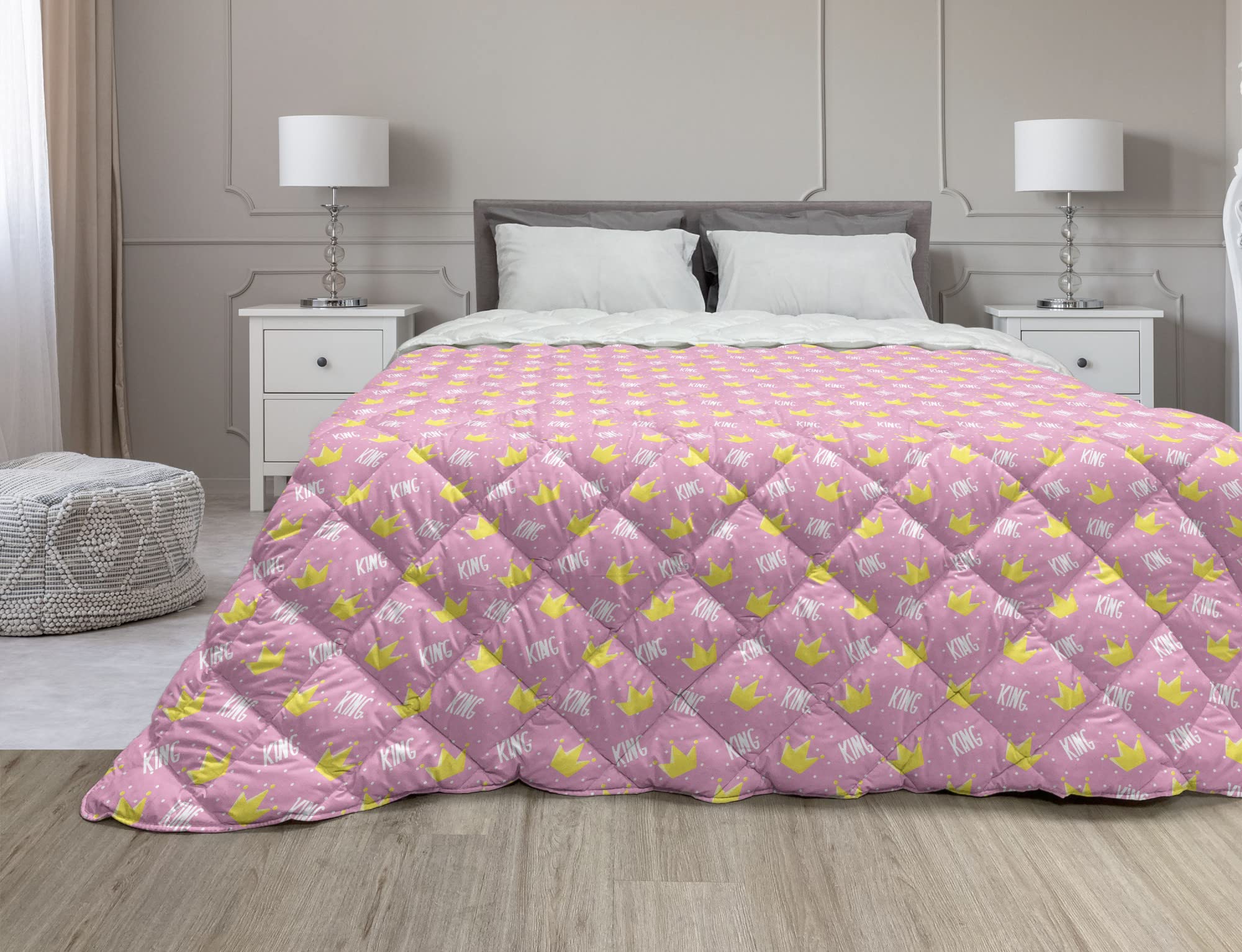 Ambesonne King Size Down Alternative Comforter - Microfiber Quilt for All Seasons, Queen Size in Mustard Pink & White | Birthday Groom Wedding Style with Crowns & Lettering on Polka Dots - Perfect for Bedroom Decor, Guest Room & Wedding Gift