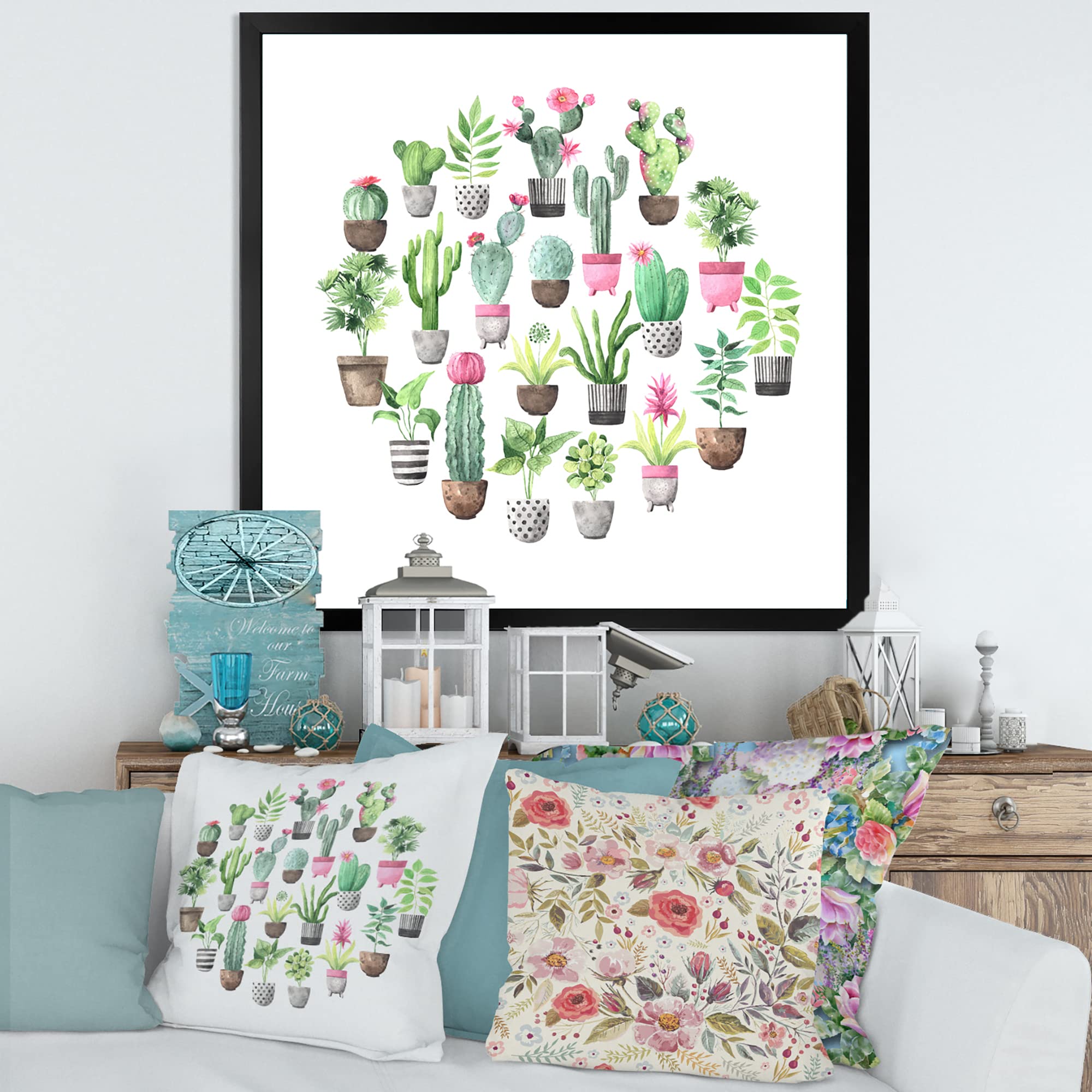 DesignQ Cacti in Ceramic Pots - Gentle Tone Traditional Framed Wall Art for Living Room, Bedroom & Office Decor