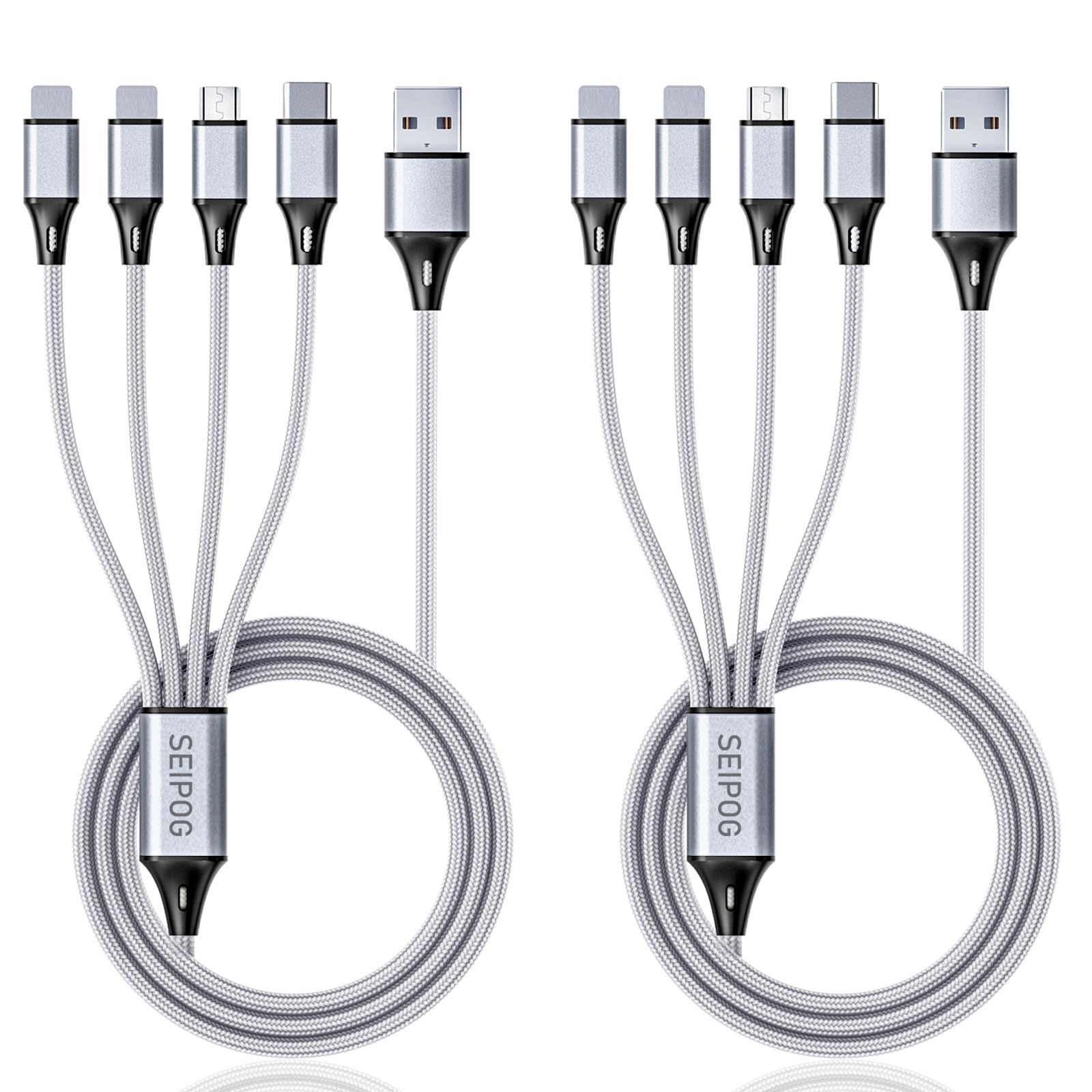 Fast Charging 4-in-1 USB Cable - 3A Nylon Braided 4FT Multi Charger with Type C/Micro USB Ports - Universal Phone Charger for iPhone, Samsung, Android - Perfect for Home, Office & Travel (Silver, 2 Pack)