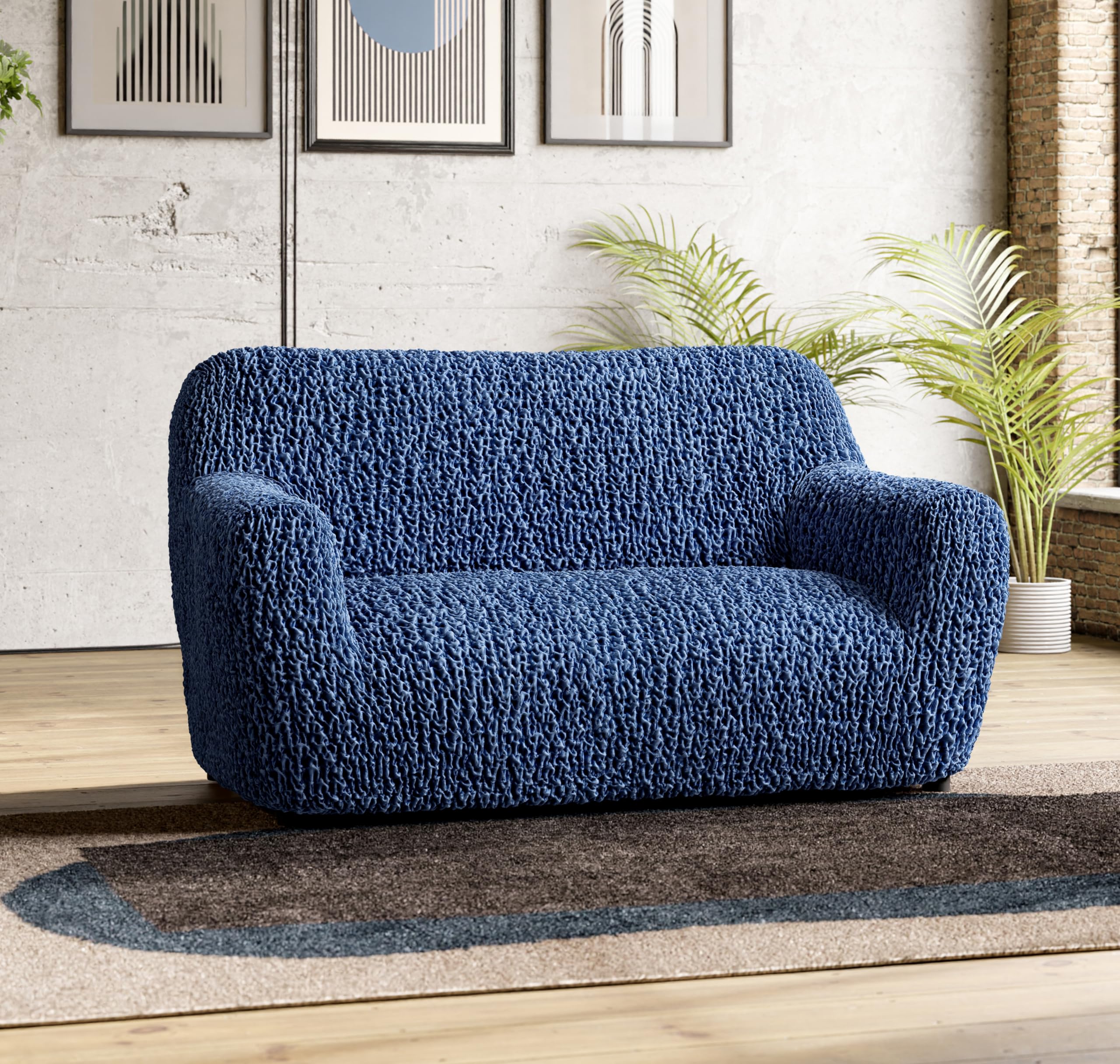PAULATO BY GA.I.CO Stretch Velvet Loveseat Slipcover - Oversized Chair & Sofa Cover - Pet-Friendly Couch Protector - Shiny Velvet Slipcover for Living Room Furniture - Blue Goffrato Design - Perfect for Home Decor & Pet Owners