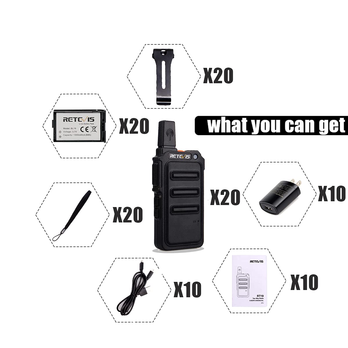 Retevis RT19 20 Pack Walkie-Talkies - Portable FRS Two Way Radios with USB Rechargeable Battery & Metal Clip - Compact Mini Design for Adults - Ideal for School, Church, Healthcare & Outdoor Activities