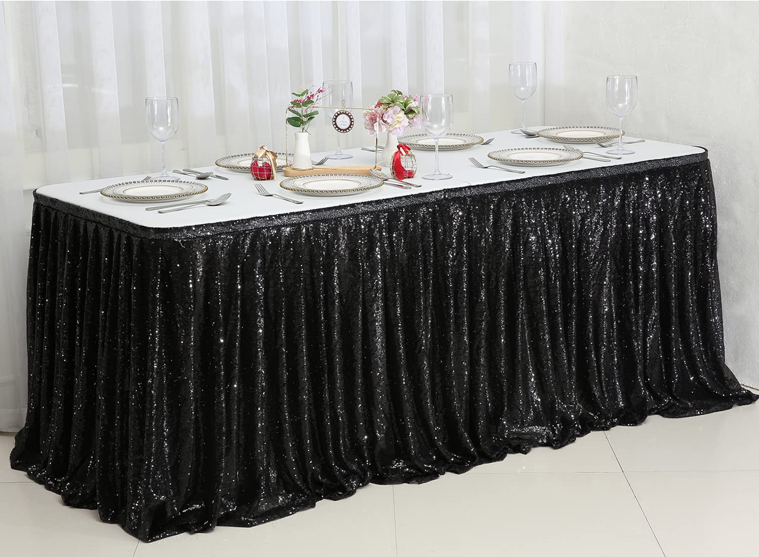 Poise3EHome 14ft Sequin Table Skirt - Elegant Black Party Table Cover for Rectangle, Round & Square Tables - Perfect for Wedding, Birthday, Christmas & Holiday Decorations - Enhance Your Event with Sparkling Glamour