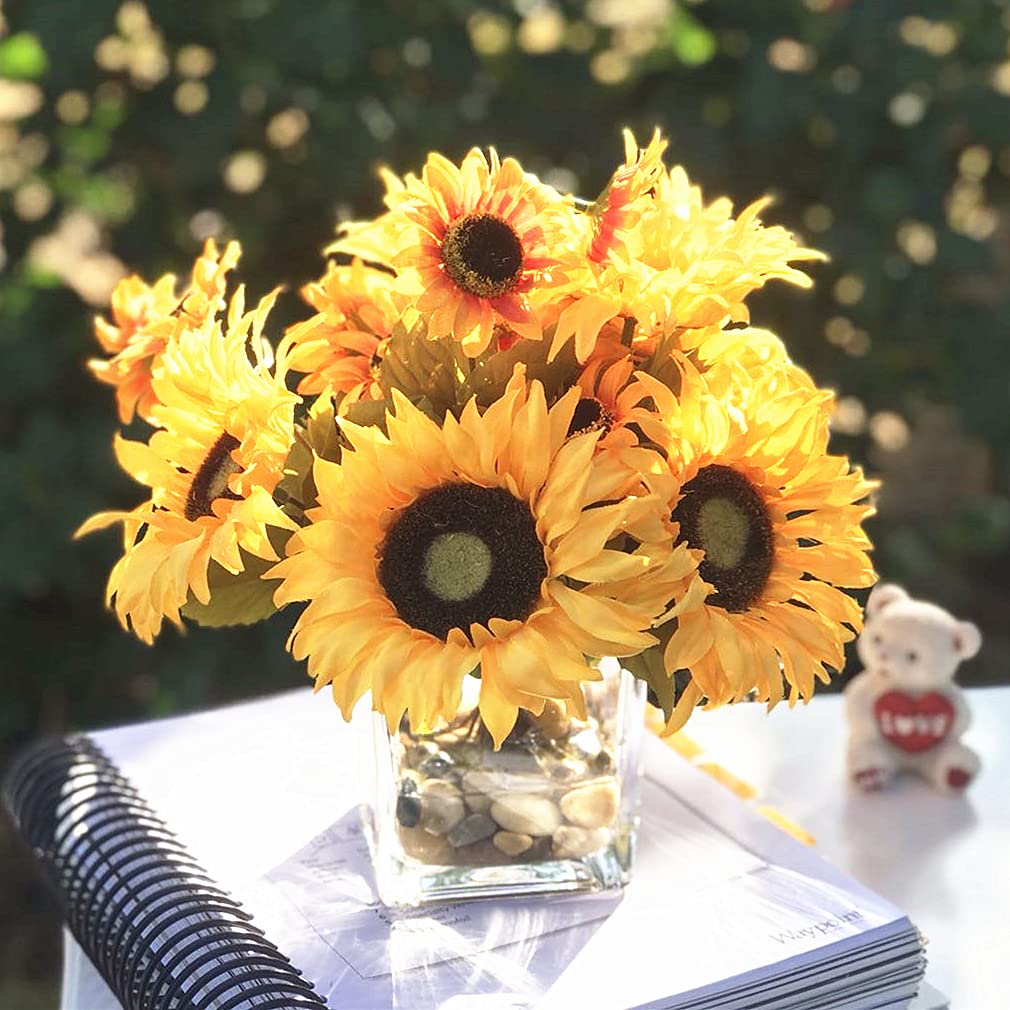 ENOVA HOME Mixed Sunflower Arrangement in Cube Glass Vase with River Rock & Faux Water - Yellow Orange Artificial Flowers for Home, Office, Wedding & Table Decor