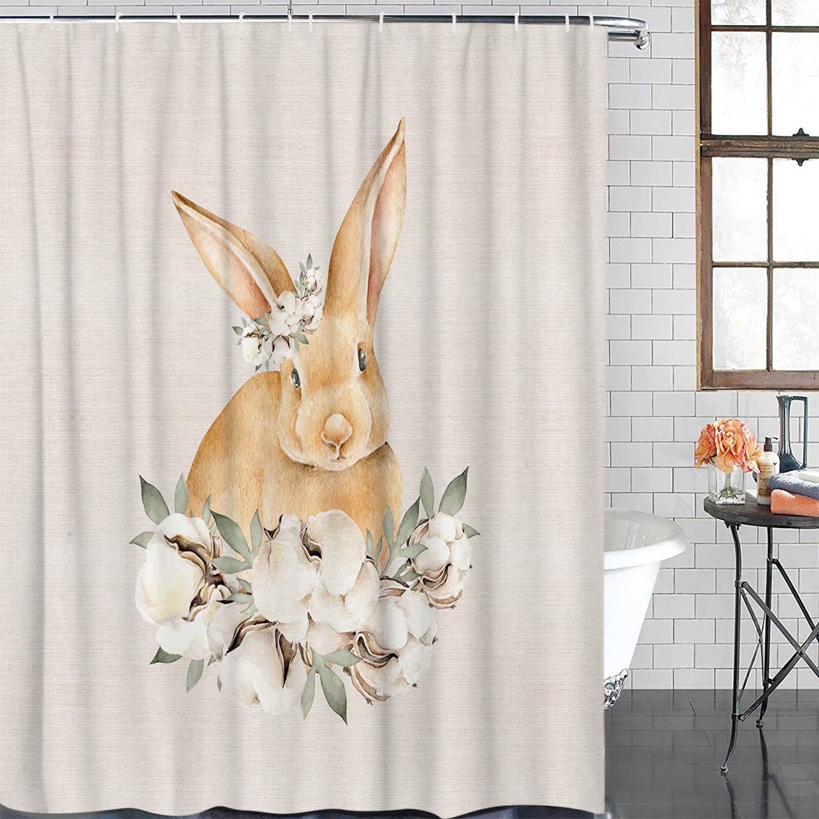 Easter Bunny Shower Curtain 72x96 Inches - Waterproof Polyester Fabric with Retro Rabbit Design & Hooks - Perfect for Bathroom, Bathtub, and Spring Decor (96