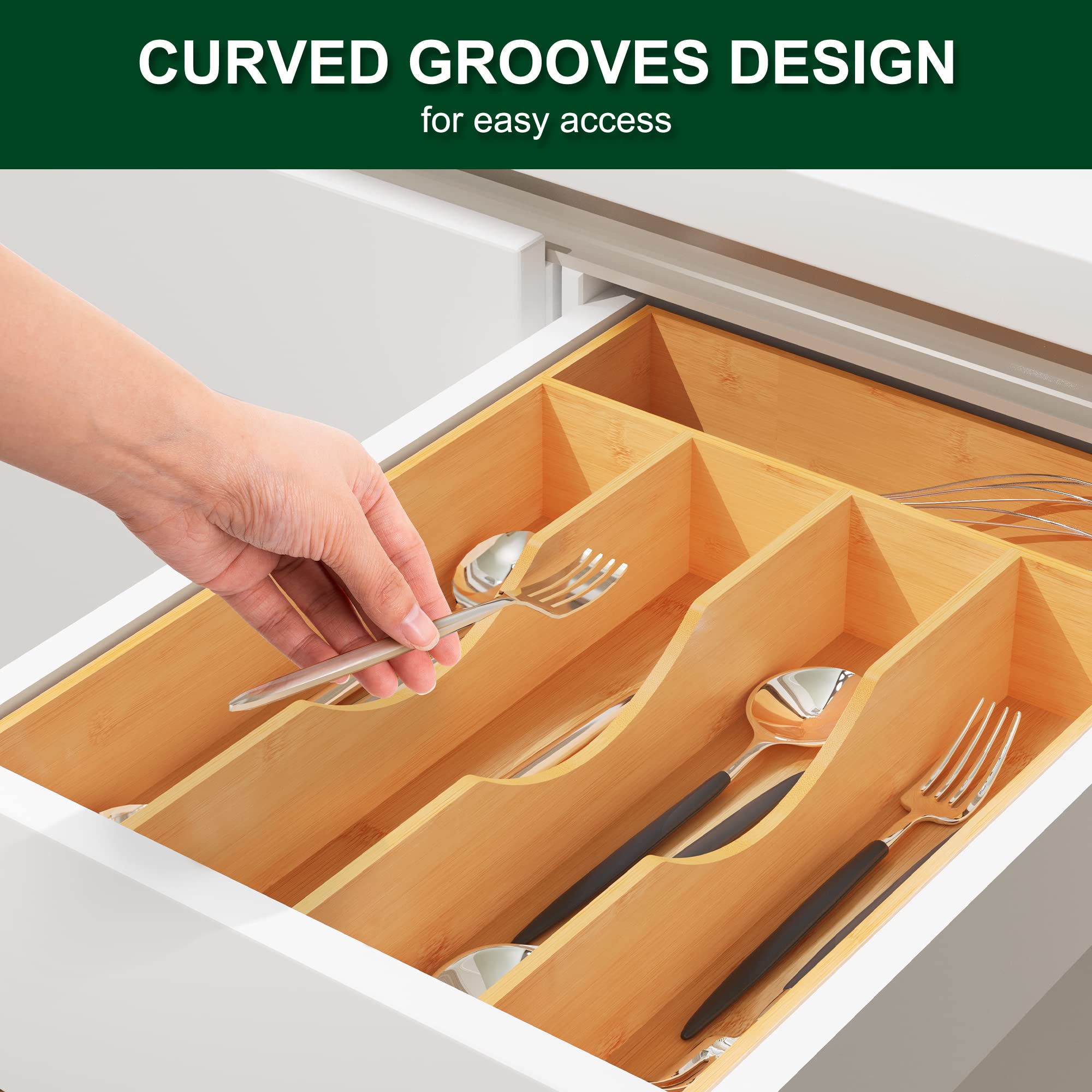 Bamboo Silverware Tray Organizer - 10 Inch 5-Compartment Drawer Utensil Holder for Kitchen, Cutlery & Flatware Storage - Perfect for Narrow Drawers, Small Kitchen Spaces & Dining Room Organization