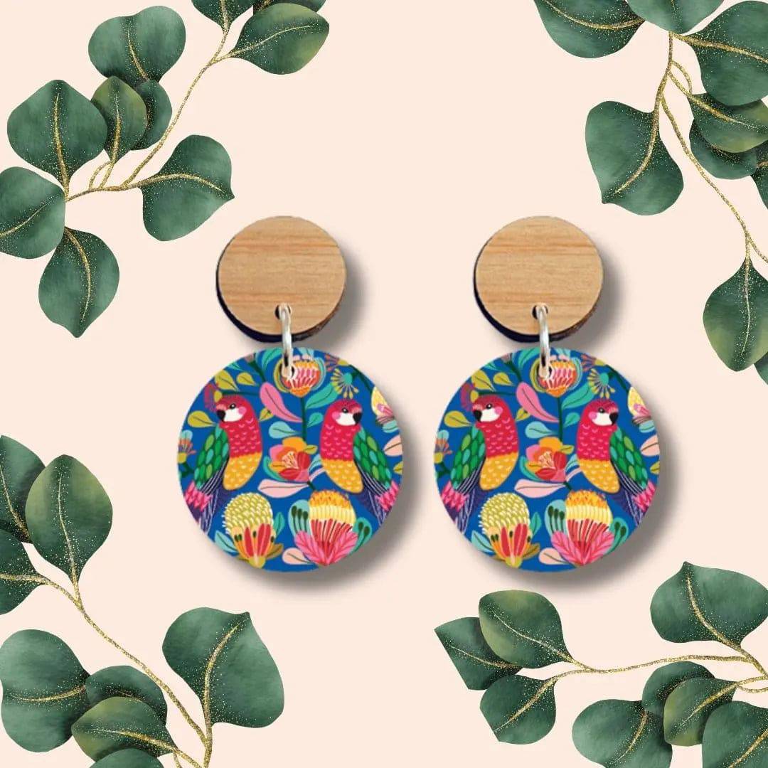 Handmade Australian Rosella Birds Wooden Earrings - Unique Boho Wood Jewelry for Women - Perfect for Festivals, Parties & Everyday Wear