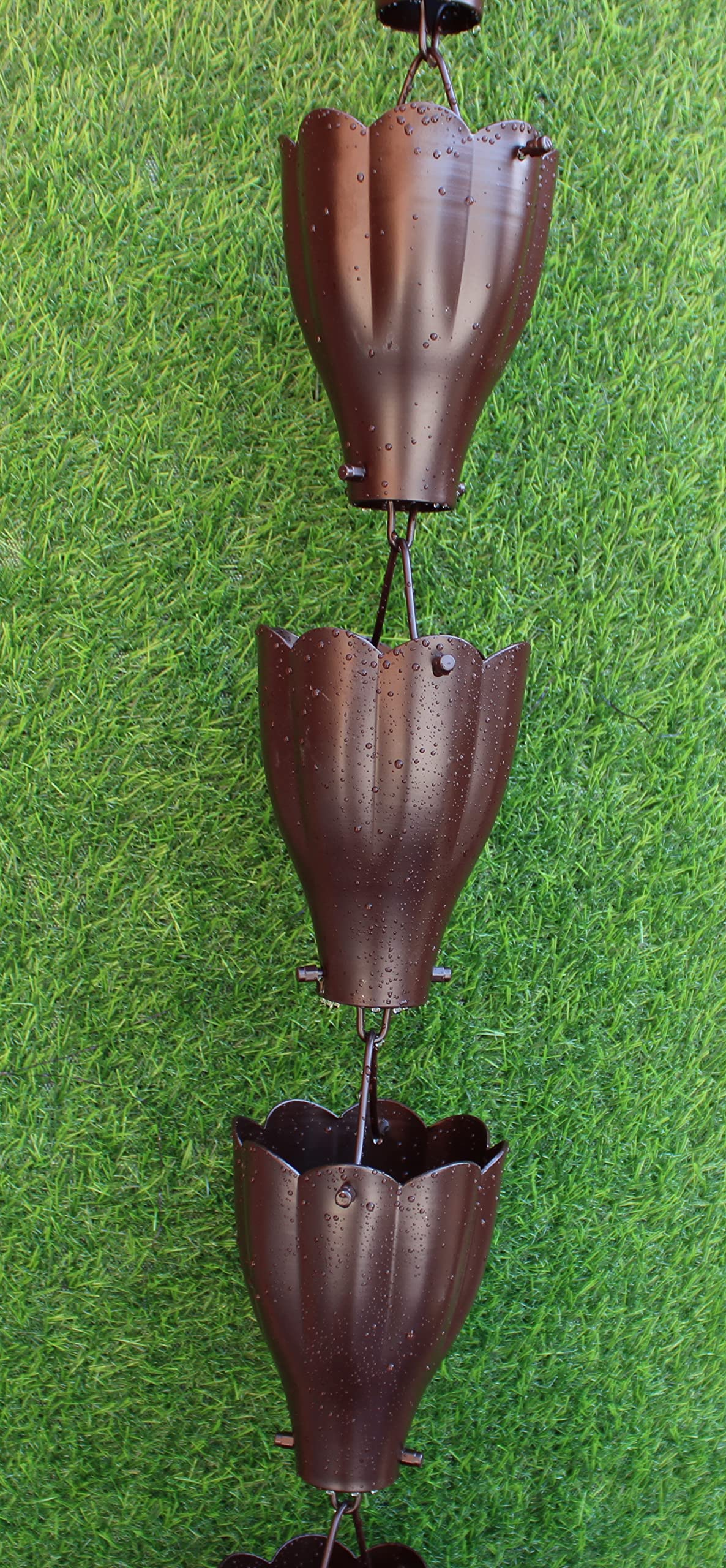 KAM Home XL Aluminum Rain Chain with Scallop Cups & Installation Kit - Rustic Brown (8.5 Inch) | Garden Water Feature for Downspout Drainage & Outdoor Decor