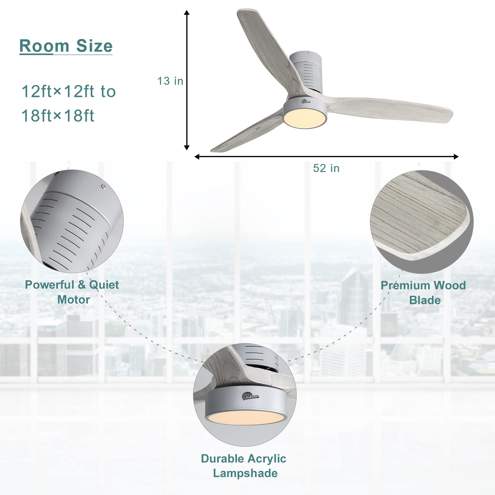 Sofucor 52-Inch Low Profile Ceiling Fan with Lights - Flush Mount Modern Wood Ceiling Fan with Remote Control, 3 Reversible Solid Wood Blades, Noiseless DC Motor - Perfect for Bedroom, Living Room & Office