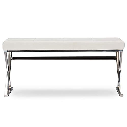 Baxton Studio Modern Faux Leather Upholstered Rectangle Bench with Stainless Steel Legs - Contemporary White Entryway Bench for Living Room, Bedroom or Hallway Decor