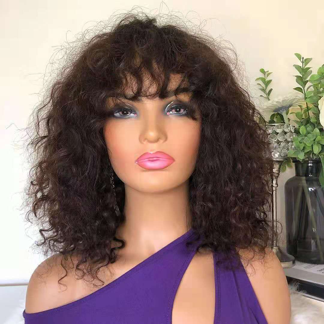 Glueless Curly Bob Human Hair Wig with Bangs - Brazilian Remy Hair 150% Density Deep Wave Wigs for Women | No Lace Scalp Top, Full Machine Made, 10