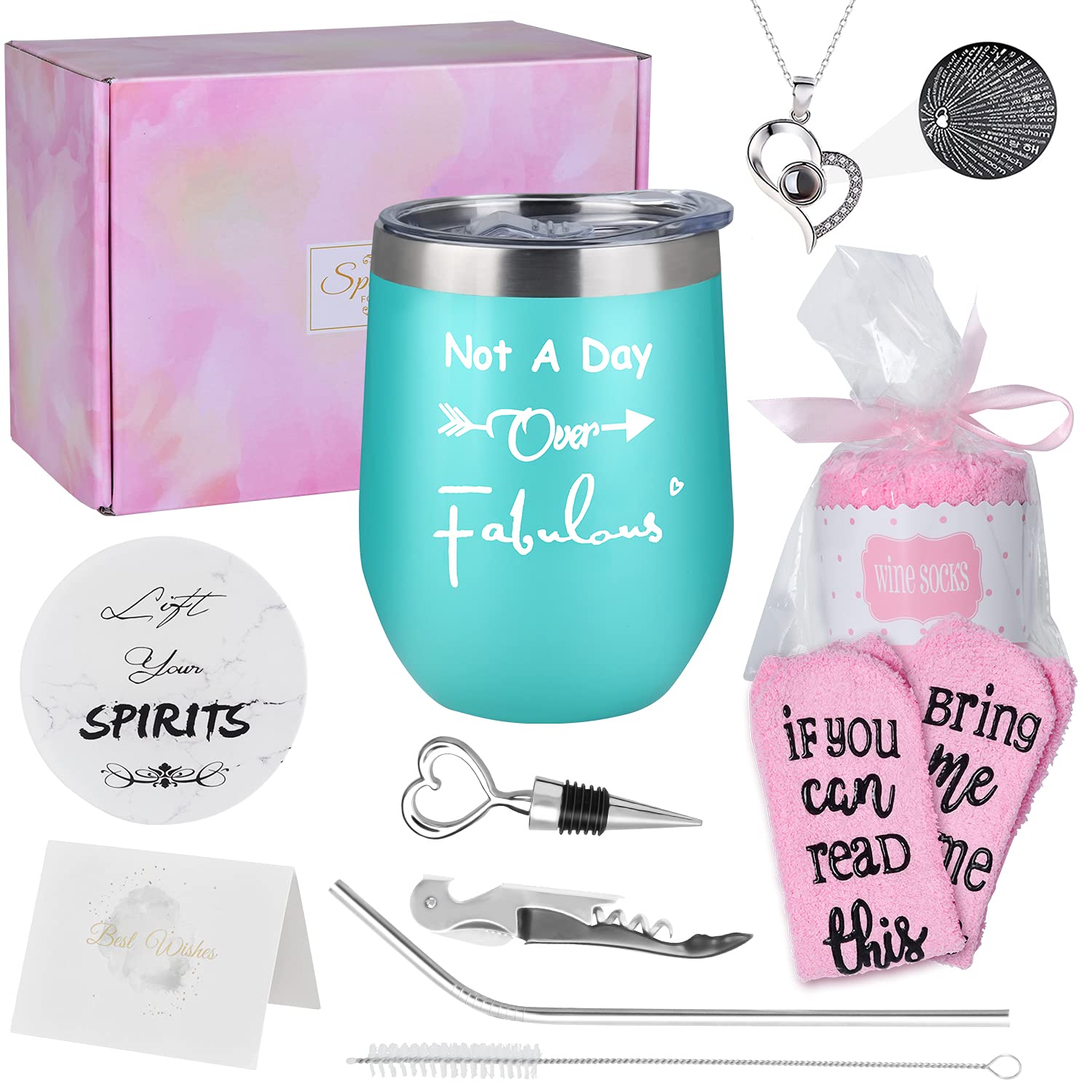 Funny Birthday Wine Tumbler for Women - 'Not a Day Over Fabulous' Wine Glass with Inspirational Sayings - Perfect Gift for Her, Mom, Wife, Girlfriend, Daughter, BFF or Sister (Blue) - Great for Parties, Girls Night Out, Bridal Showers & Relaxing at Home