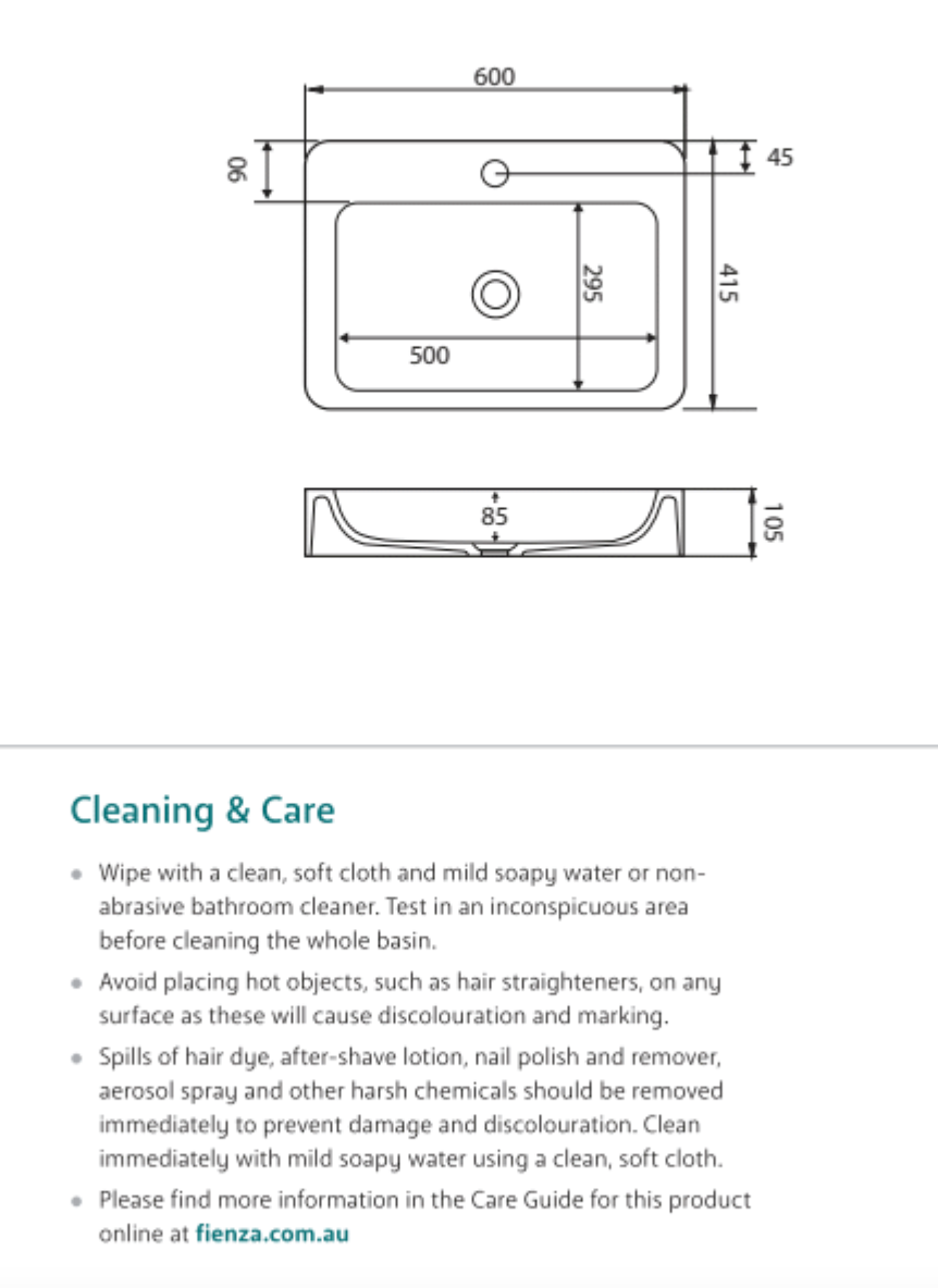 Fienza CSB010 Rondo 600mm Cast Stone Above Counter Bathroom Sink with Single Tap Hole, Matte White - Perfect for Modern Vanities and Powder Rooms