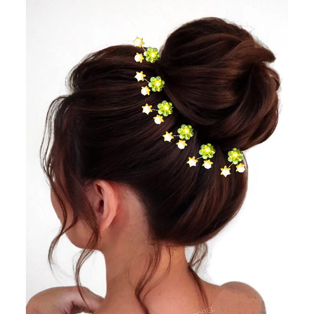 10PCS Light Green Artificial Star Stone Flower Hair Clips with Pearls - Elegant Hair Accessories for Women, Bridal, Party & Daily Wear