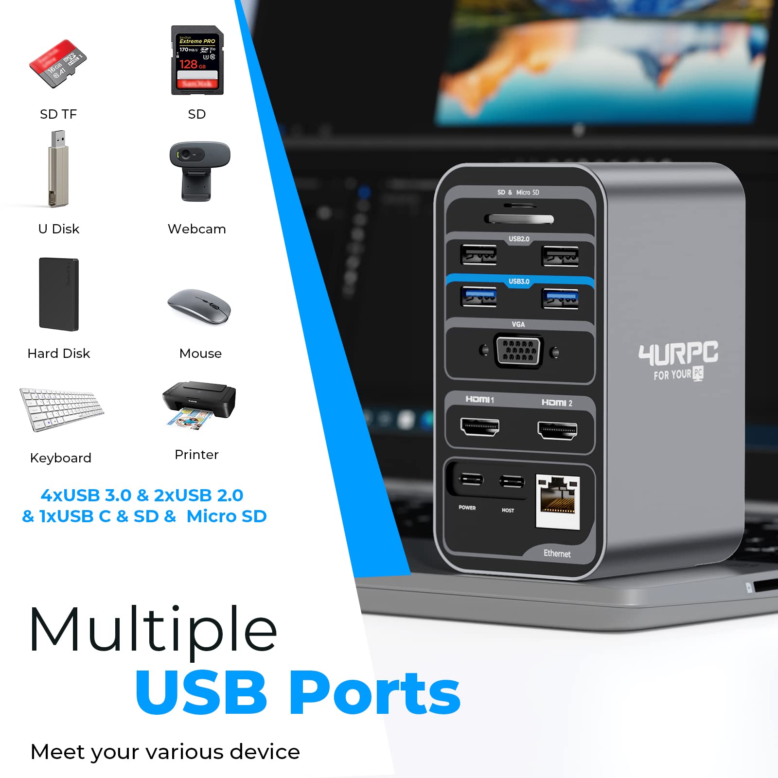 USB C Docking Station Dual Monitor with 2 HDMI Ports, VGA, 65W PD, 6 USB Ports, Ethernet, SD/TF Card Reader, Audio/Mic - Compatible with Windows & ChromeOS Laptops | Perfect for Home Office, Remote Work & Multi-Screen Productivity