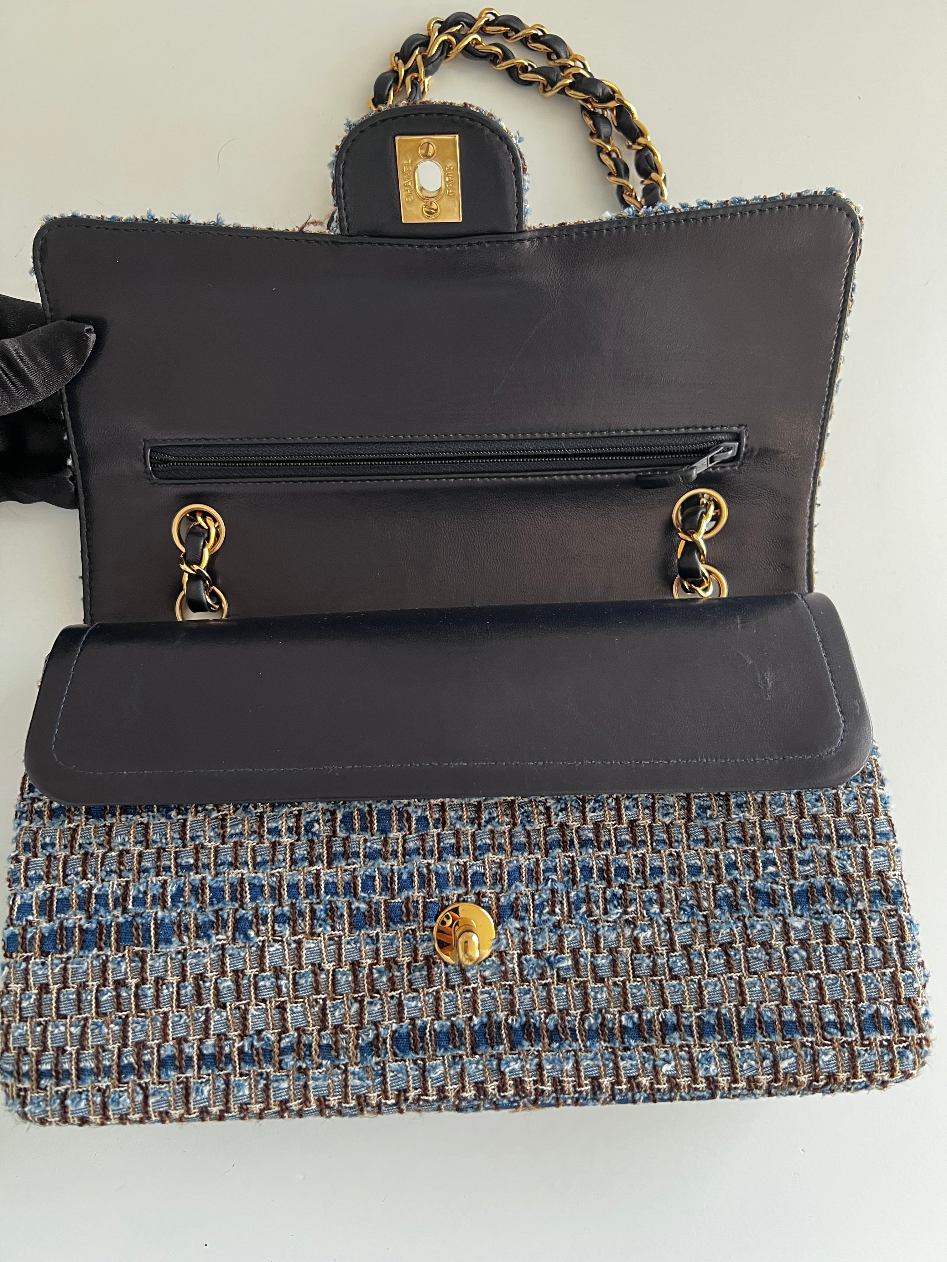 Vintage Chanel Medium Blue Tweed Double Flap Bag - Authentic Pre-Owned Luxury Handbag for Women | Perfect for Parties, Weddings & Special Occasions