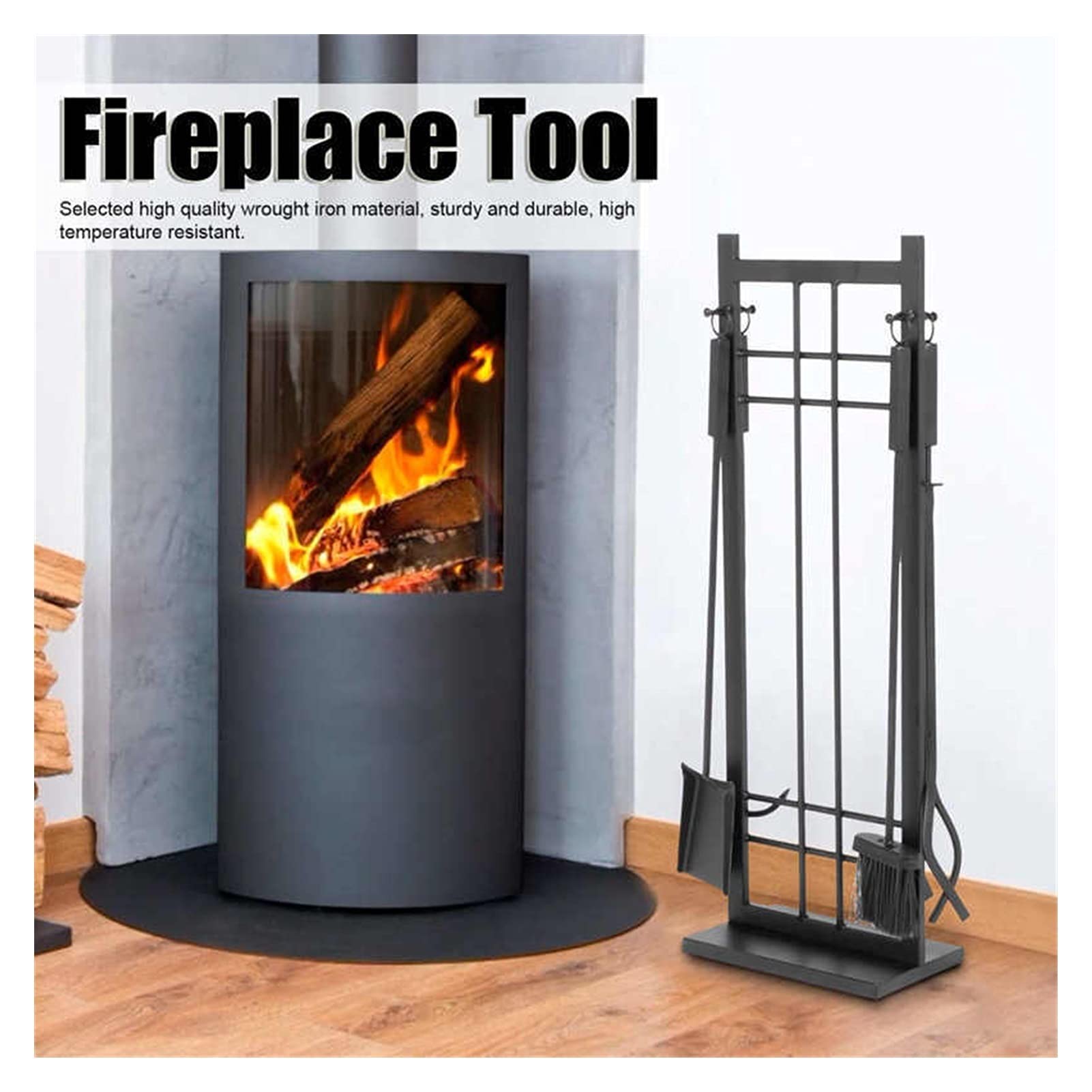 5-Piece Wrought Iron Fireplace Tool Set with Brush, Shovel & Poker - Heavy Duty Indoor/Outdoor Fireplace Accessories for Home, Patio & Camping - Perfect for Fireplace Maintenance, Ash Cleaning & Fire Tending