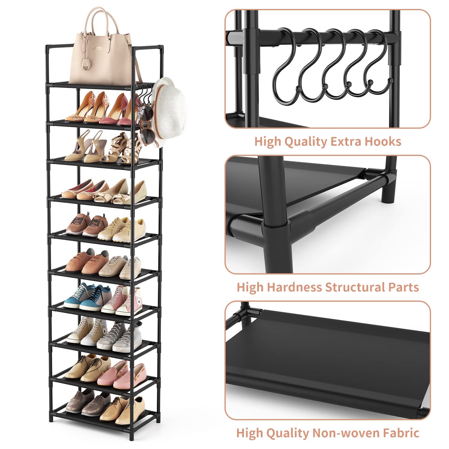 10-Tier Tall Shoe Rack for 20-25 Pairs | Sturdy Narrow Boot Organizer with Hooks | Space-Saving Entryway & Closet Storage Shelf (Black) | Perfect for Small Apartments, Dorm Rooms & Mudroom Organization