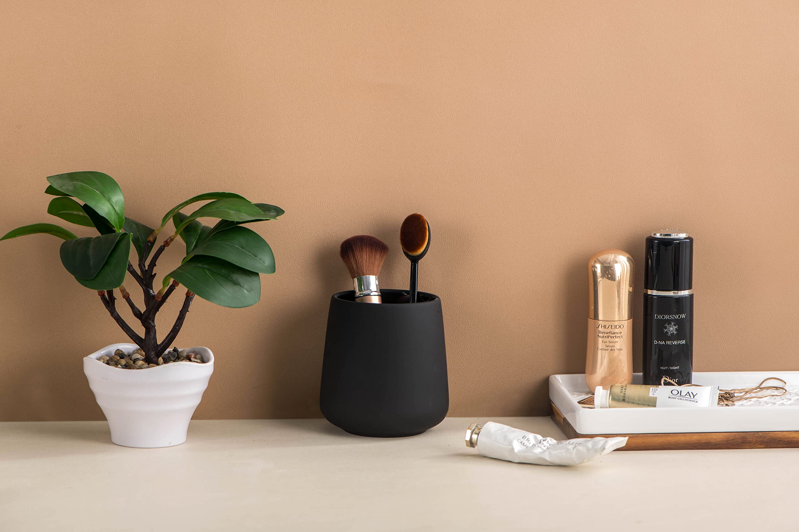 Modern Matte Black Ceramic Toothbrush Holder for Bathroom - Stylish Toothbrush & Toothpaste Organizer with Makeup Brush Storage - Perfect for Vanity, Sink Countertop & Bathroom Decor