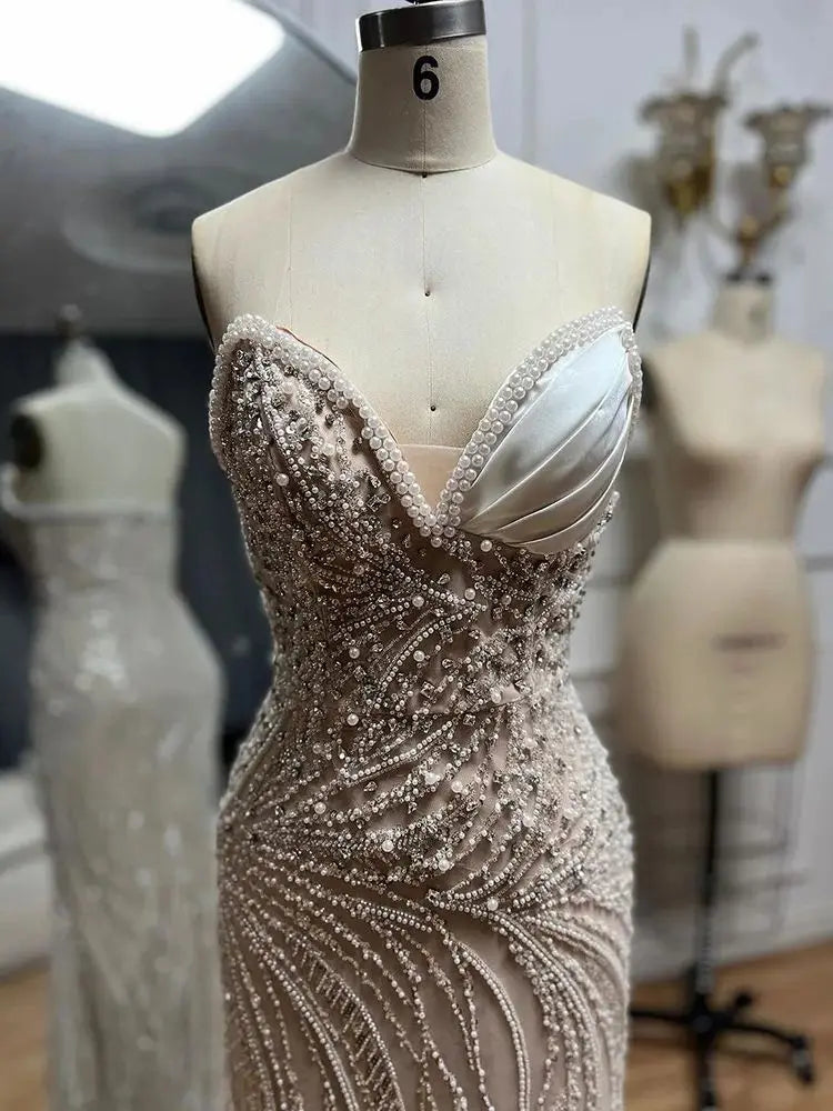 Luxury Dubai Arabic White Nude Mermaid Gown with Pearl Beading - Elegant Saudi Evening Dress for Formal Events & Special Occasions | Perfect for Weddings, Galas and Red Carpet Events