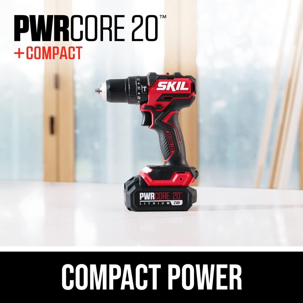 Skil PWR CORE 20 Brushless 20V 1/2 in. Cordless Hammer Drill Kit with 3-in-1 Function, 2.0Ah Battery & Fast Charger - Perfect for DIY Projects, Home Repairs and Construction Work