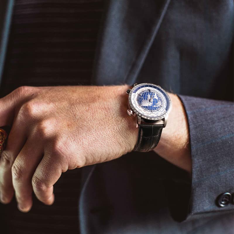 AGELOCER Men's Automatic Mechanical Watch - Blue Planet Design, Sapphire Crystal, Genuine Leather Strap, World Time Function | Perfect for Business, Formal Occasions & Everyday Wear