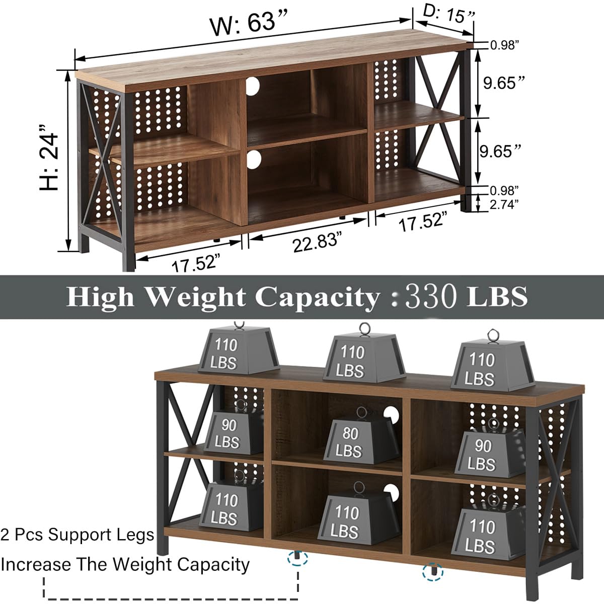 LVB 75 Inch TV Stand - Industrial Rustic Entertainment Center with Storage Shelves, Modern Wood & Metal TV Cabinet for Living Room & Bedroom (Rustic Oak, 63 Inch) - Perfect for Home Theater Setup & Media Organization