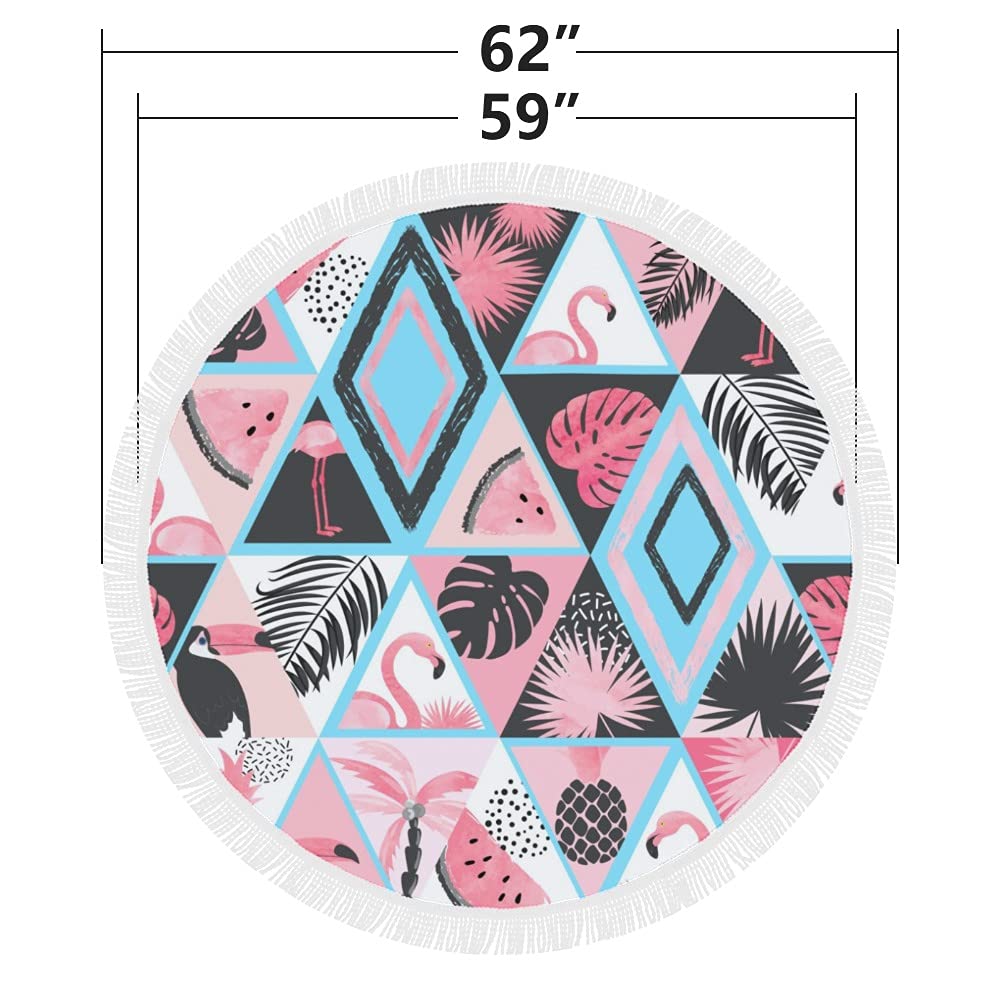 Tropical Print Round Beach Towel with Tassels - 59 Inch Large Pool Towel for Adults & Kids - Perfect for Beach, Poolside, Picnics and Outdoor Activities