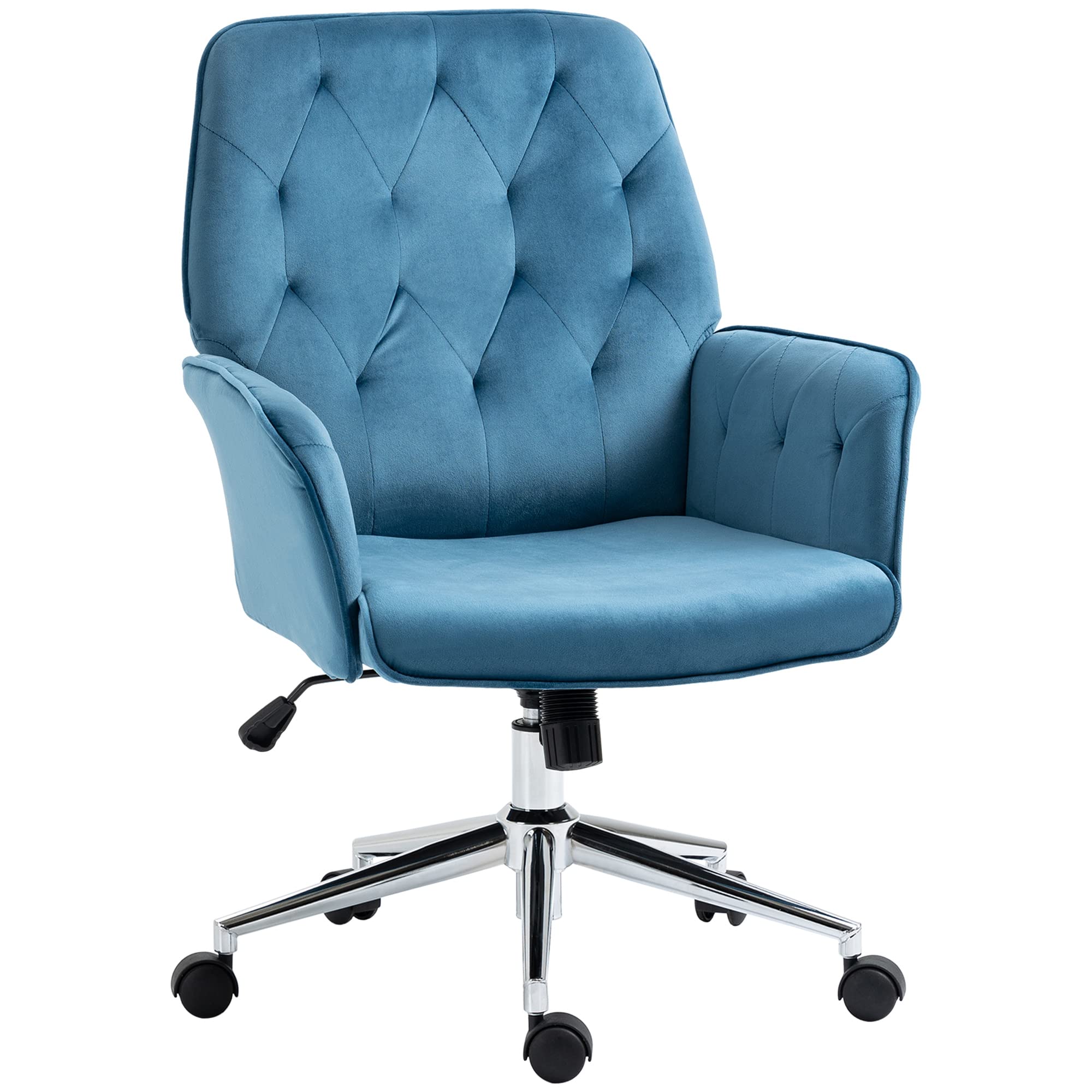 Vinsetto Velvet Home Office Chair - Adjustable Height, Swivel Wheels & Padded Armrests, Tufted Computer Desk Chair in Blue | Ergonomic Support for Work, Gaming & Study